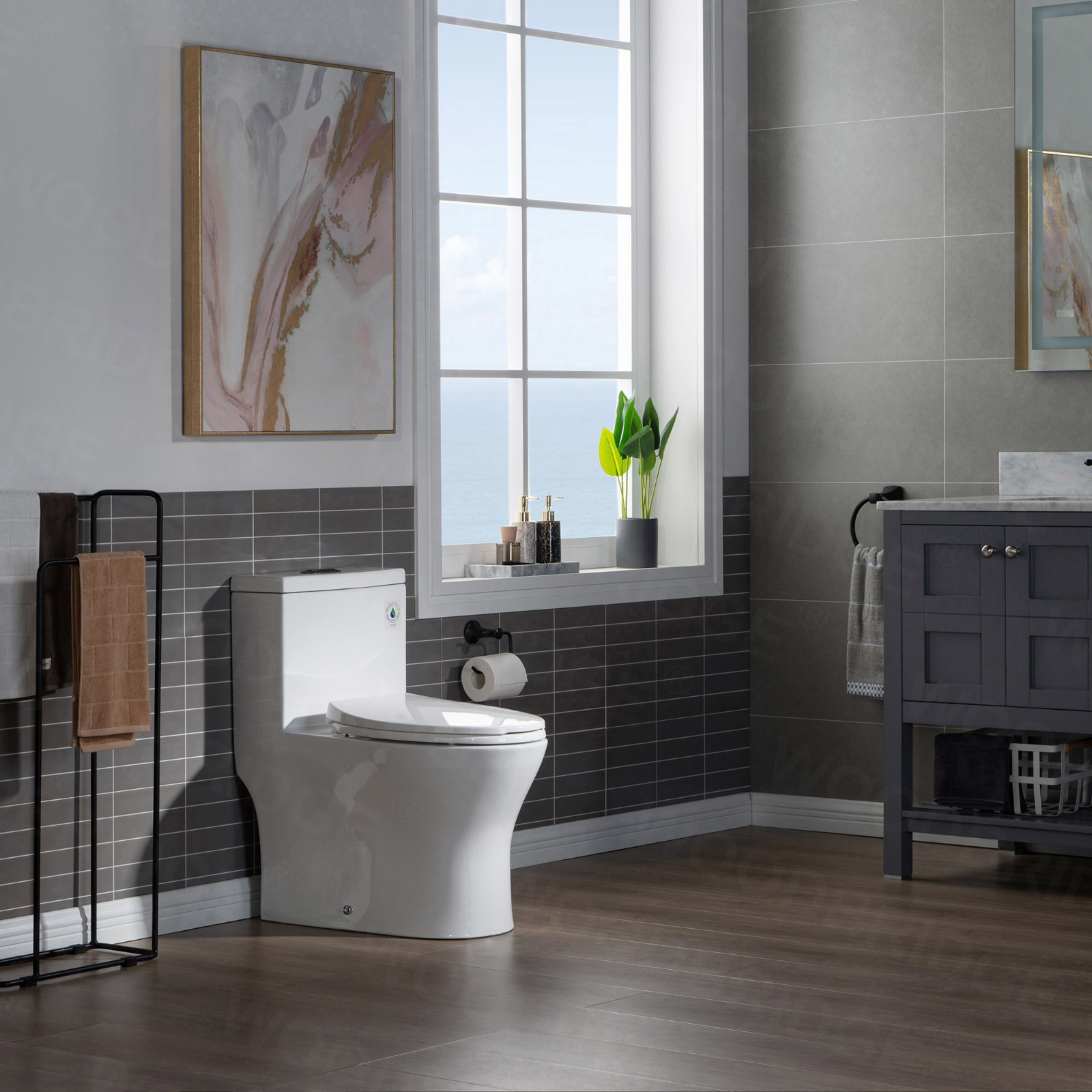  WOODBRIDGE Modern One Piece Dual Flush 1.28 GP Toilet,with Soft Closing Seat, Oil Rubbed Bronze Button B0750-ORB, White_5614