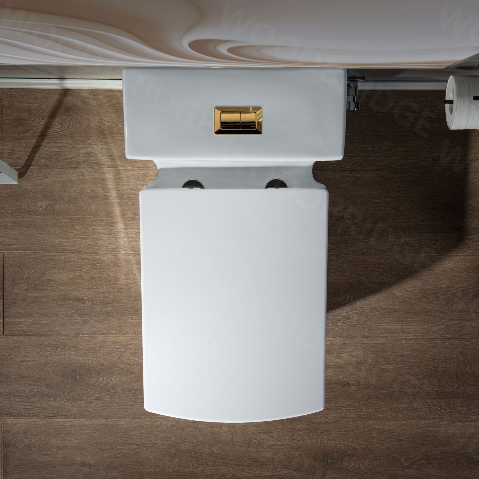  WOODBRIDGE Modern Square Design One Piece Dual Flush 1.28 GP Toilet,Chair Height with Soft Closing Seat, Brushed Gold Button B0920-BG, White_5579