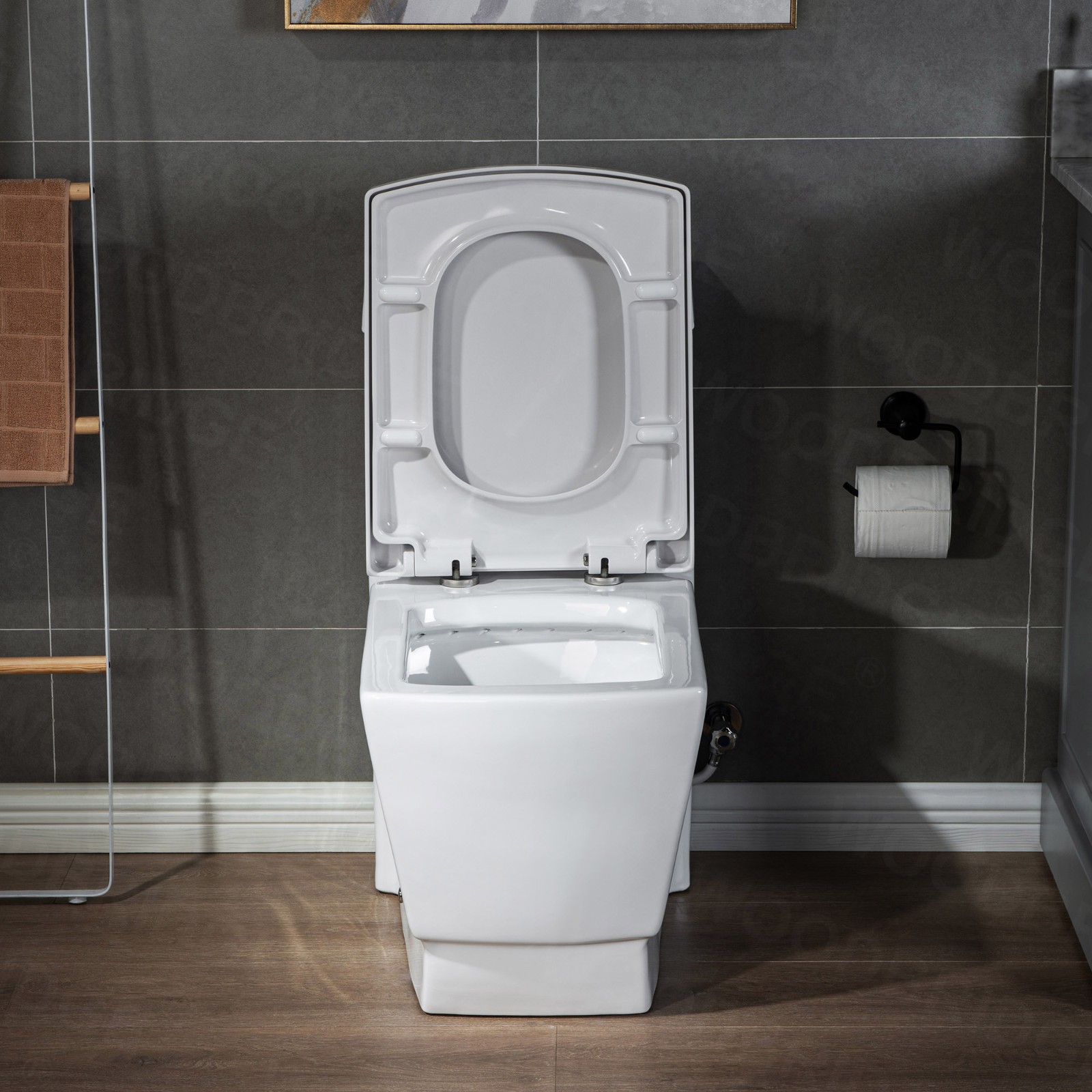  WOODBRIDGE Modern Square Design One Piece Dual Flush 1.28 GP Toilet,Chair Height with Soft Closing Seat, Brushed Gold Button B0920-BG, White_5582