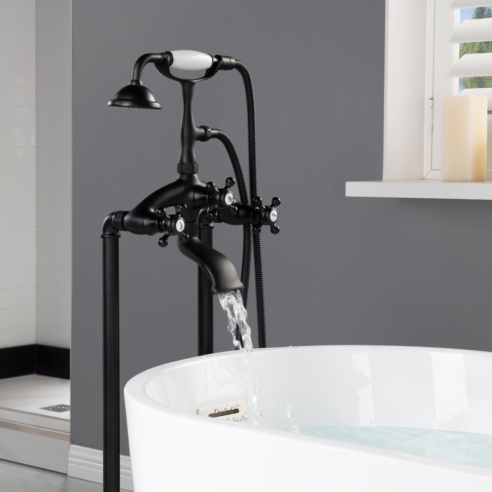  WOODBRIDGE F0020MB Freestanding Clawfoot Tub Filler Faucet with Hand Shower and Hose in Matte Black_5398