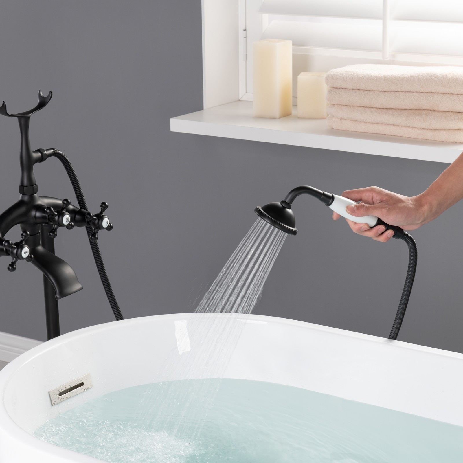  WOODBRIDGE F0020MB Freestanding Clawfoot Tub Filler Faucet with Hand Shower and Hose in Matte Black_5399