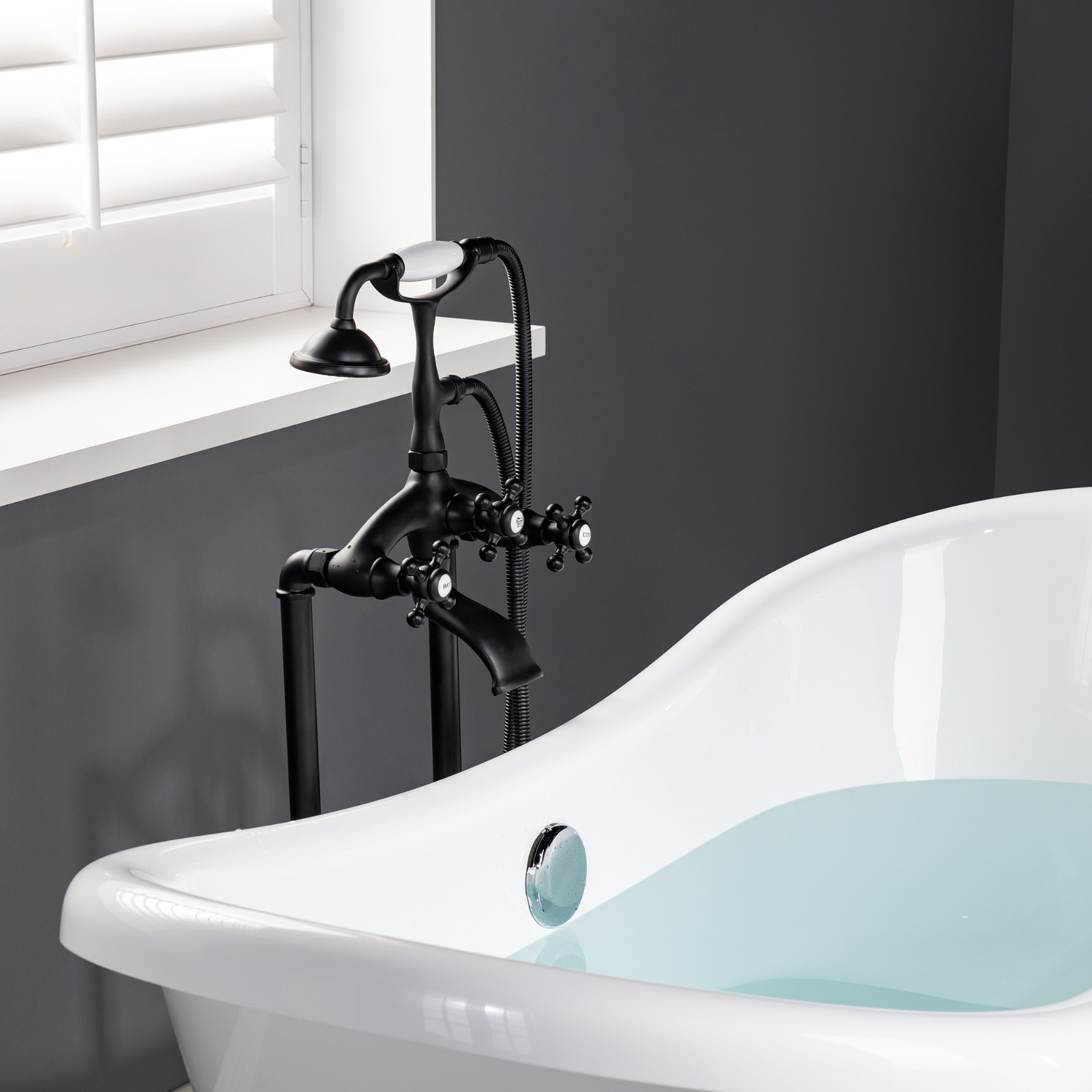  WOODBRIDGE F0020MB Freestanding Clawfoot Tub Filler Faucet with Hand Shower and Hose in Matte Black_5403