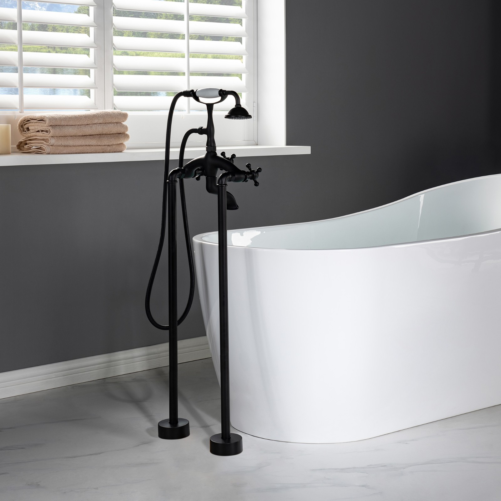  WOODBRIDGE F0020MB Freestanding Clawfoot Tub Filler Faucet with Hand Shower and Hose in Matte Black_5405
