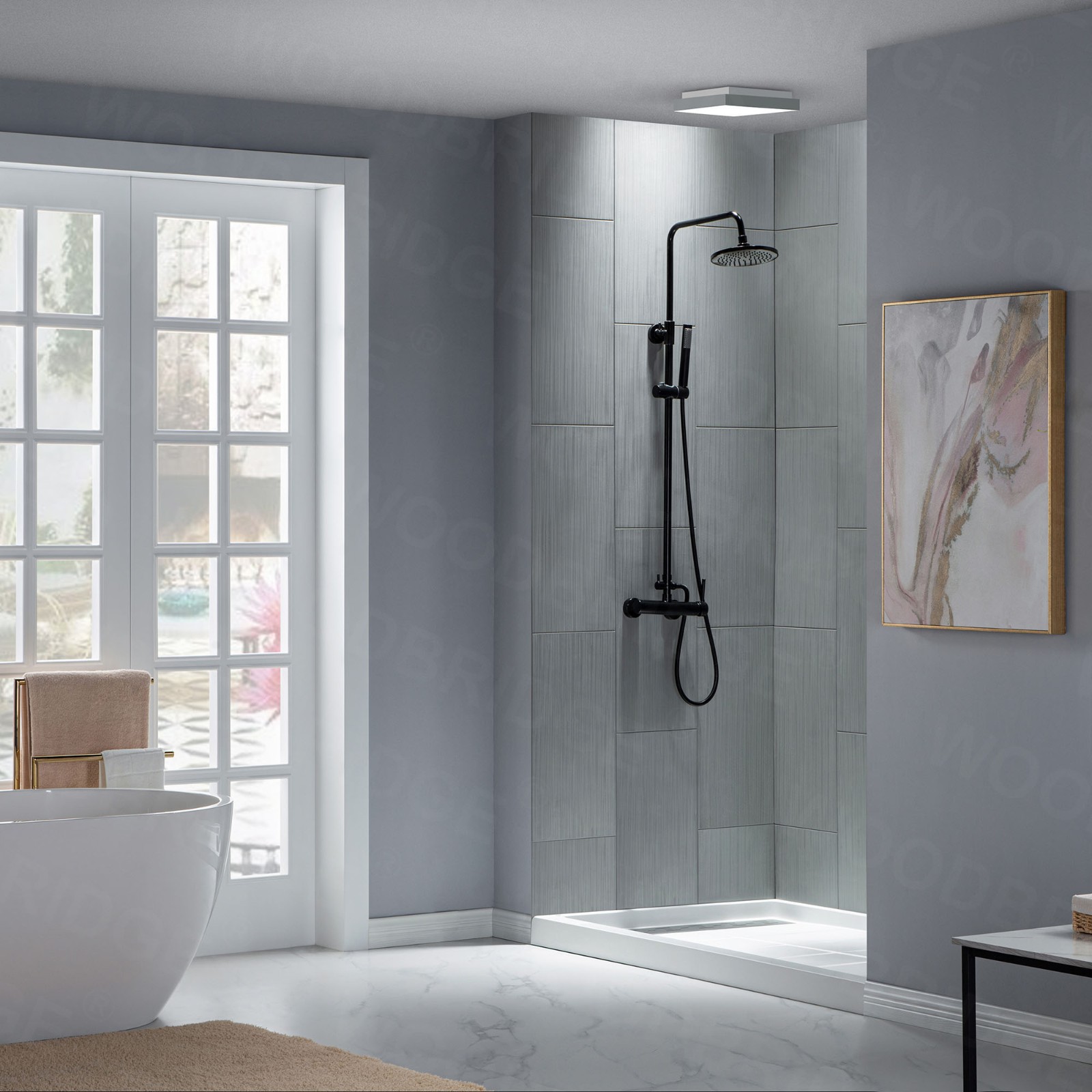  WOODBRIDGE  Solid Surface 3-Panel Shower Wall Kit, 32-in L x 60-in W x 96-in H, Stacked block in a staggered vertical pattern.  Matte Finish, Grey_5281