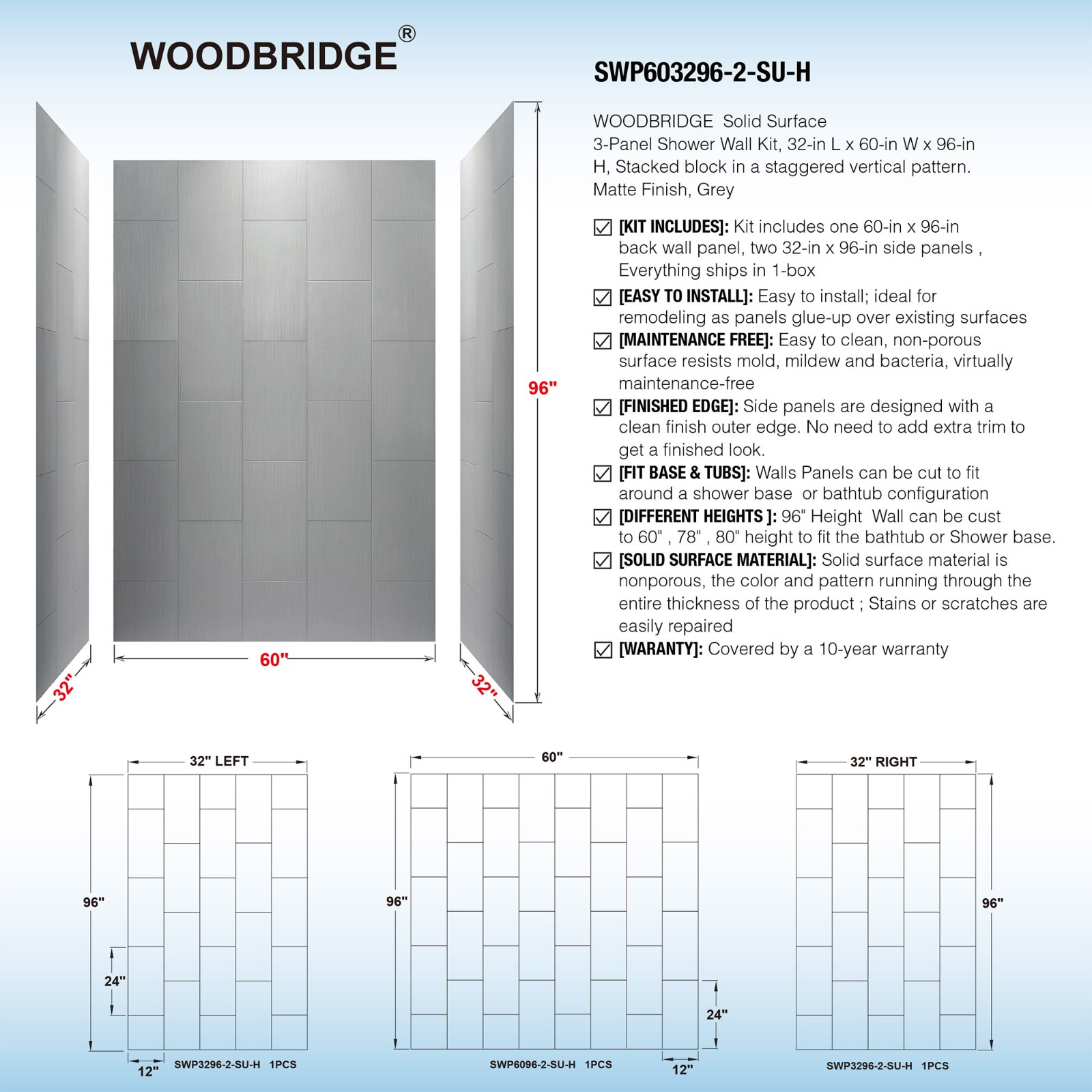  WOODBRIDGE  Solid Surface 3-Panel Shower Wall Kit, 32-in L x 60-in W x 96-in H, Stacked block in a staggered vertical pattern.  Matte Finish, Grey_5283