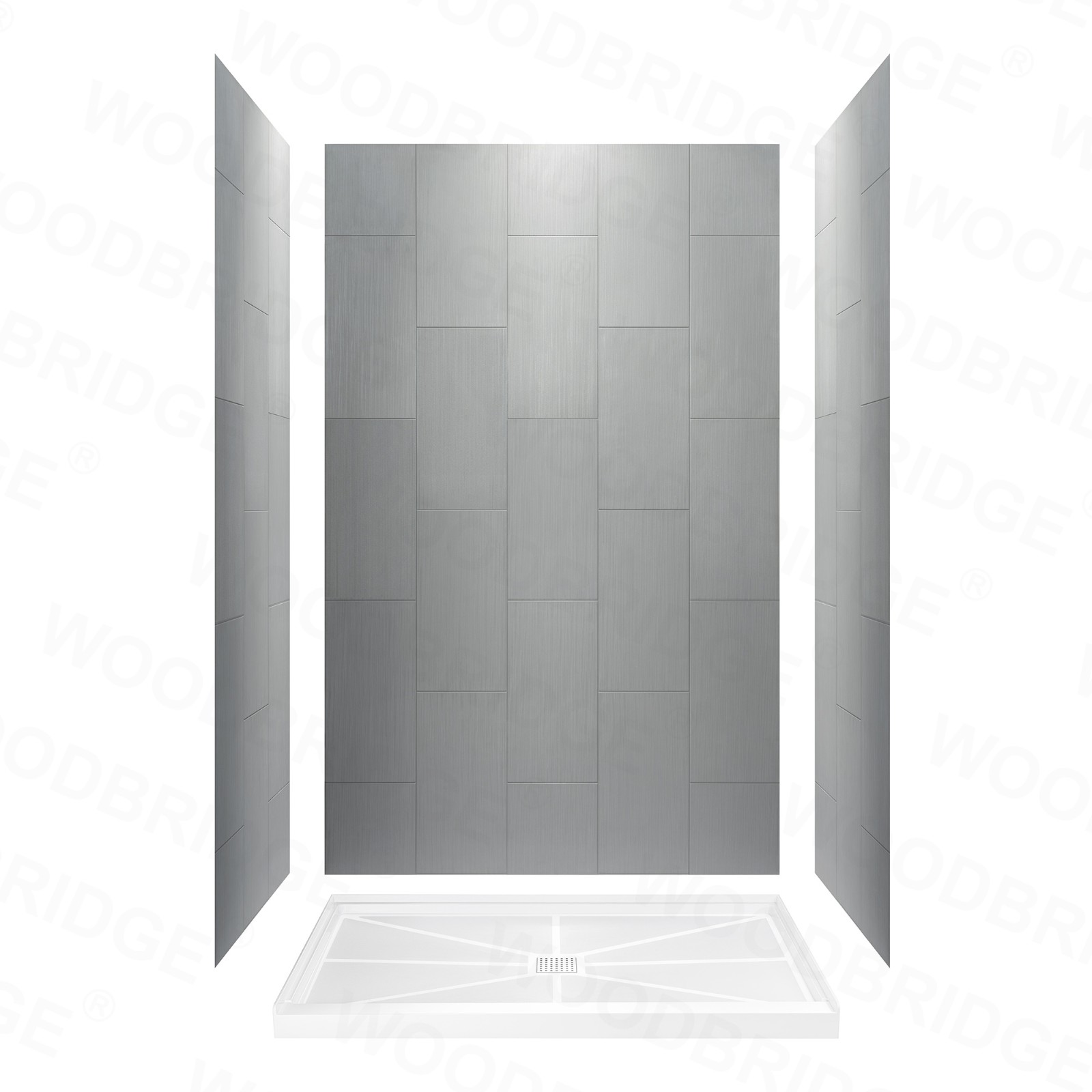  WOODBRIDGE Solid Surface 3-Panel Shower Wall Kit, 36-in L x 60-in W x 96-in H, Stacked Block in a Staggered Vertical Pattern. Matte Grey Finish_5279