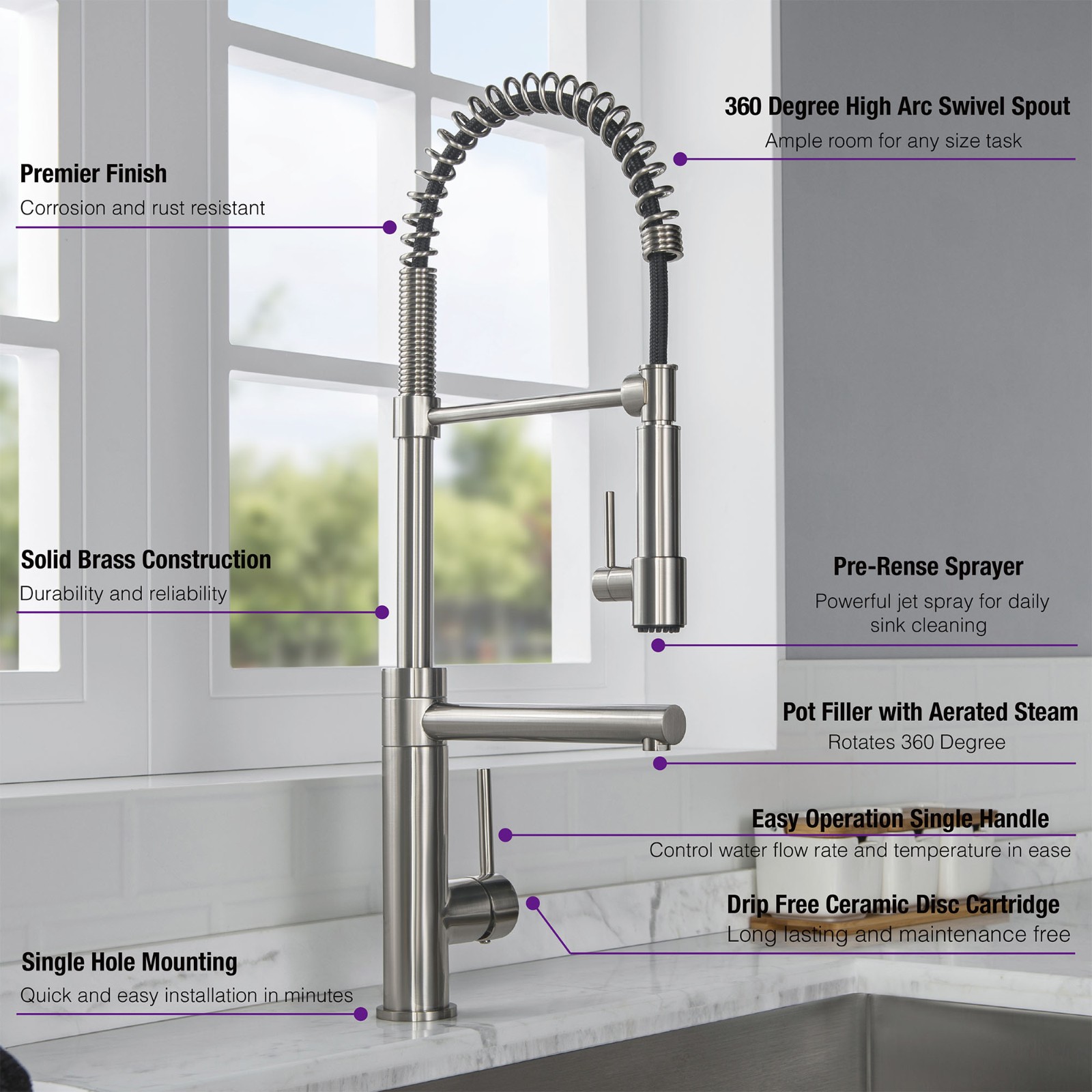  WOODBRIDGE WK060501BN Stainless Steel Single Handle Pre-Rinse Pull Down Kitchen Faucet and Pot Filler in Brushed Nickel Finish._5232