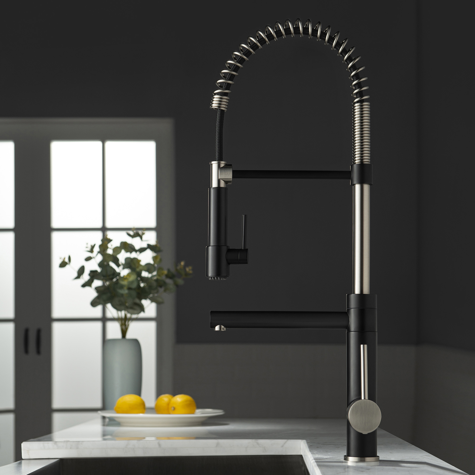 WOODBRIDGE WK060501BL Stainless Steel Single Handle Pre-Rinse Pull Down Kitchen Faucet and Pot Filler in Matte Black Finish.