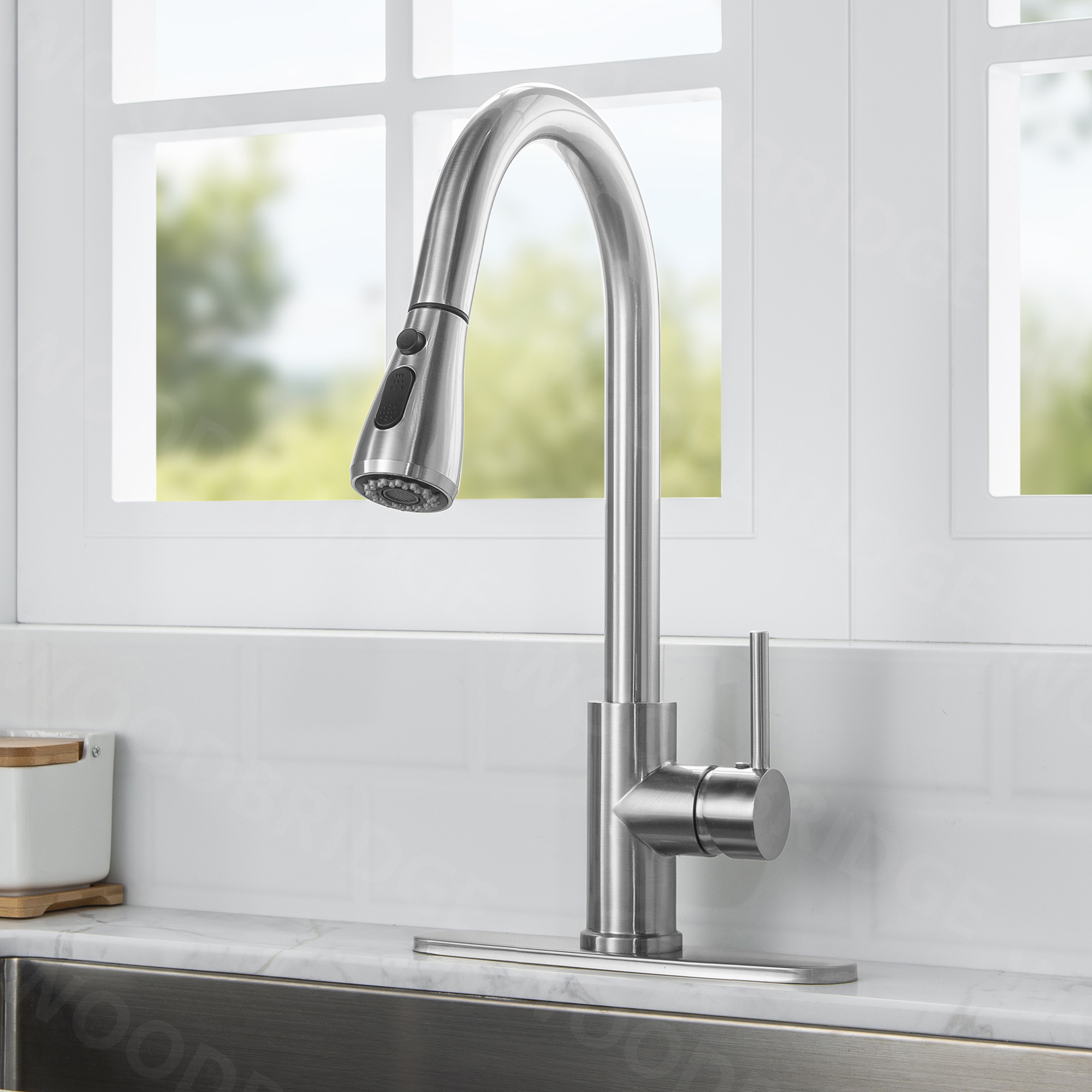 WOODBRIDGE WK090802CH Single Handle Pull Down Kitchen Faucet in Polished Chrome Finish.