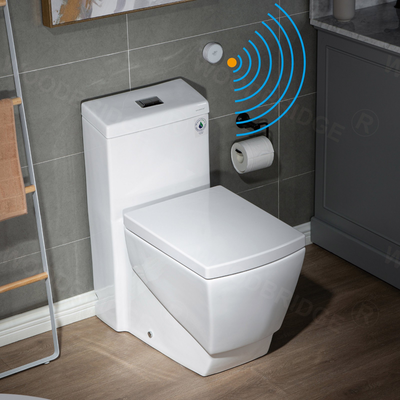  WOODBRIDGE B-0920-A Modern One-Piece Elongated Square toilet with Solf Closed Seat and Hand Free Touchless Sensor Flush Kit, White_5448