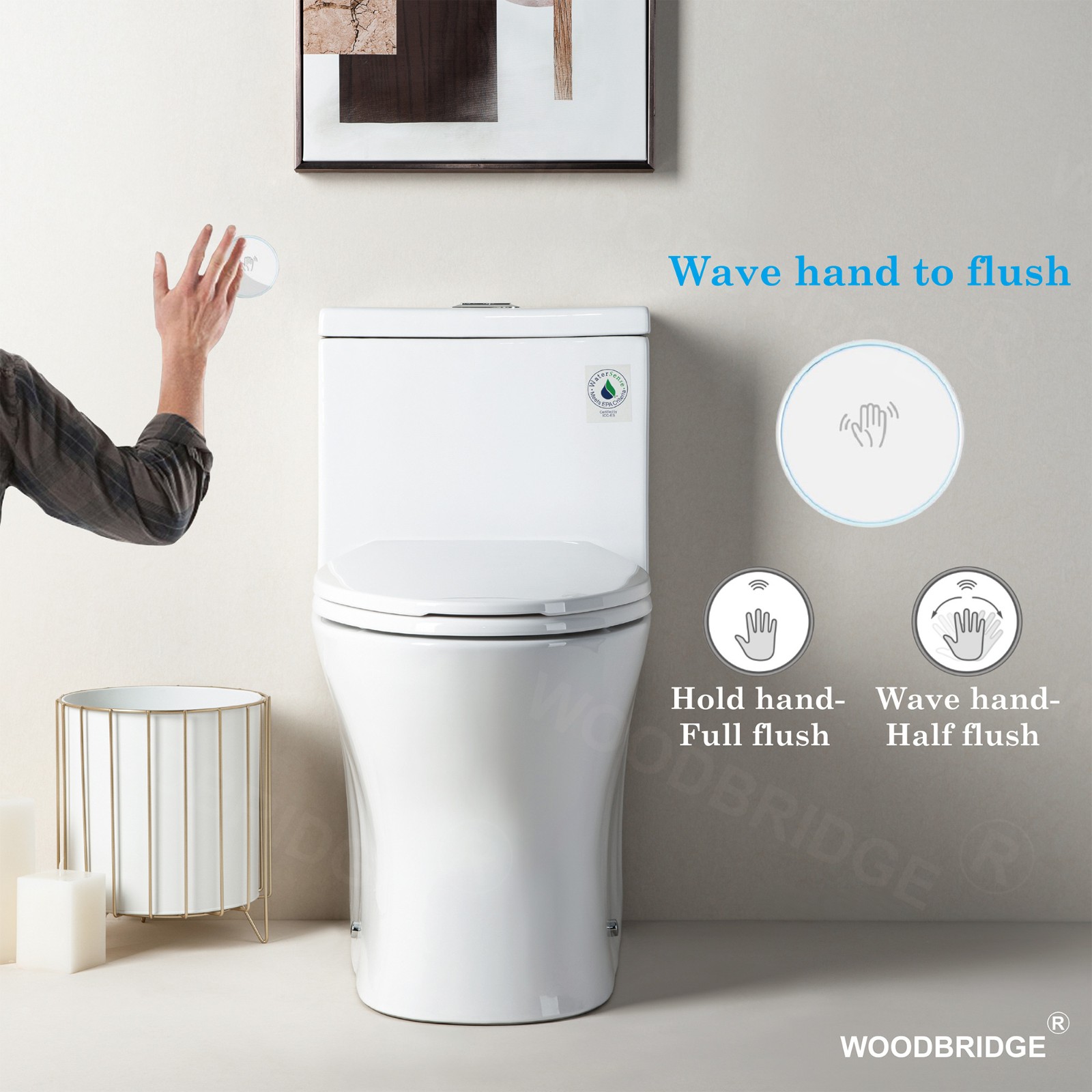  WOODBRIDGE B-0750-A Modern One-Piece Elongated toilet with Solf Closed Seat and Hand Free Touchless Sensor Flush Kit, White_5466