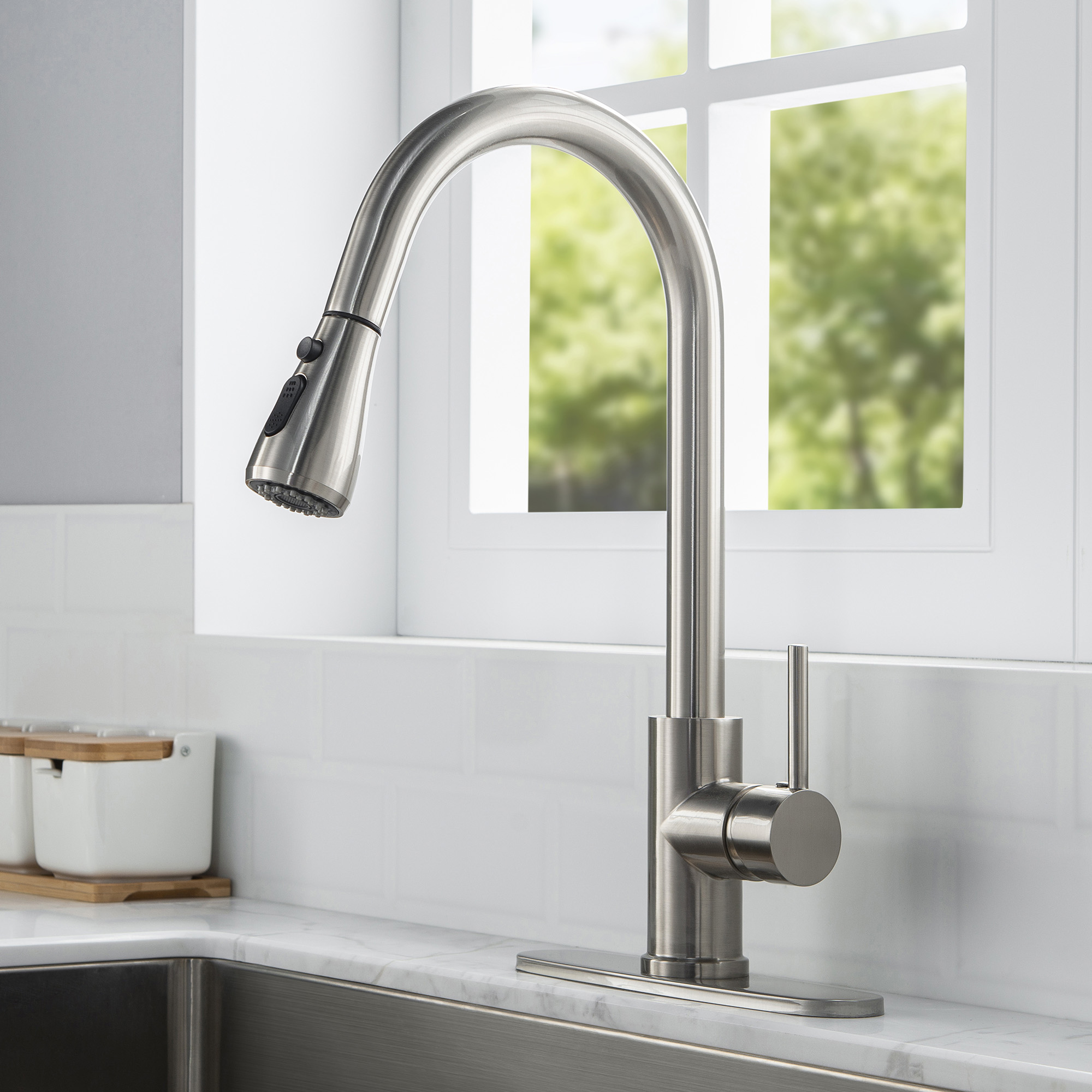 WOODBRIDGE WK090802BN Single Handle Pull Down Kitchen Faucet in Brushed Nickel Finish