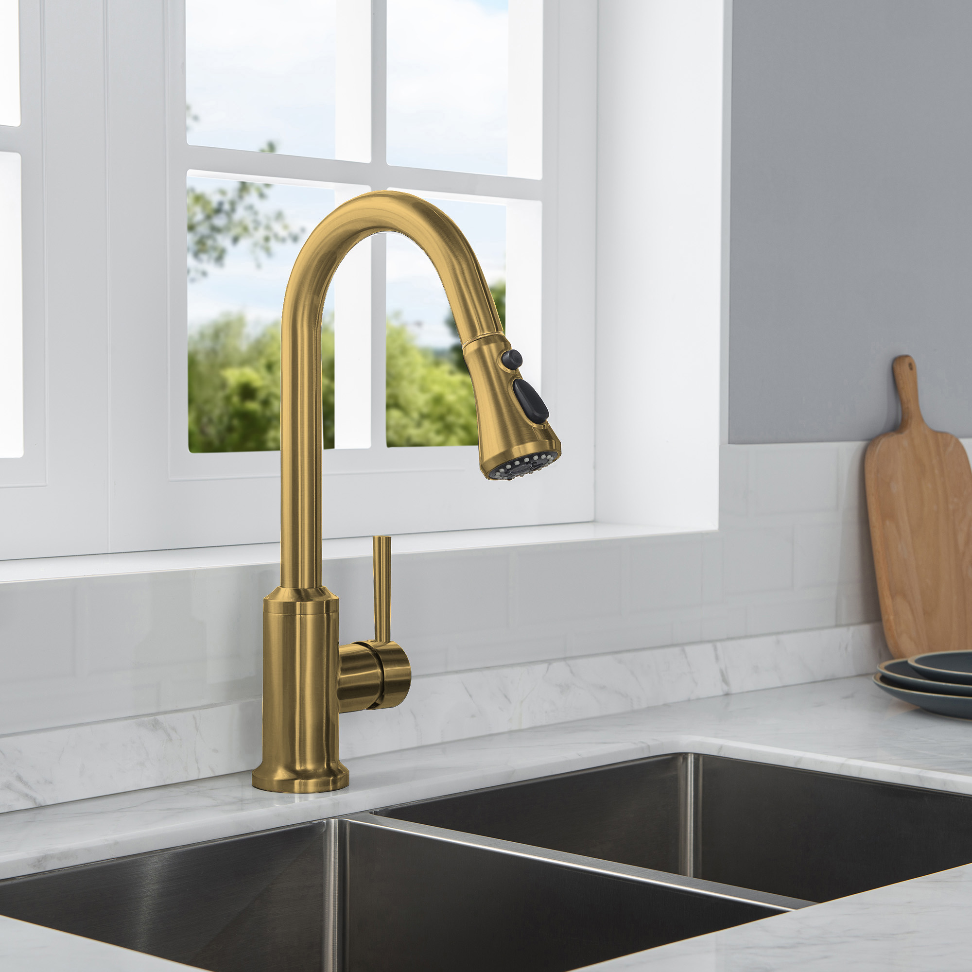 WOODBRIDGE WK101201BG Stainless Steel Single Handle Pull Down Kitchen Faucet in Brushed Gold Finish.