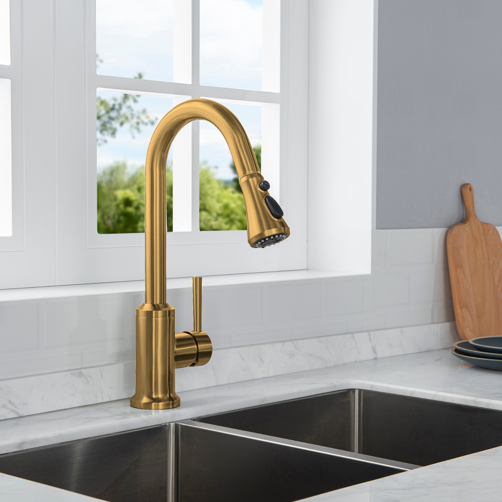  WOODBRIDGE WK101201BG Stainless Steel Single Handle Pull Down Kitchen Faucet in Brushed Gold Finish._4982