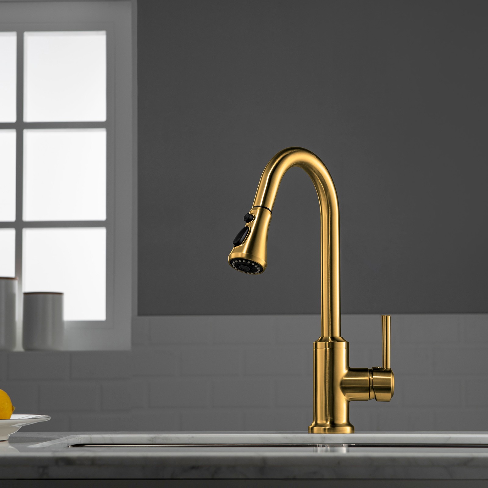  WOODBRIDGE WK101201BG Stainless Steel Single Handle Pull Down Kitchen Faucet in Brushed Gold Finish._4996