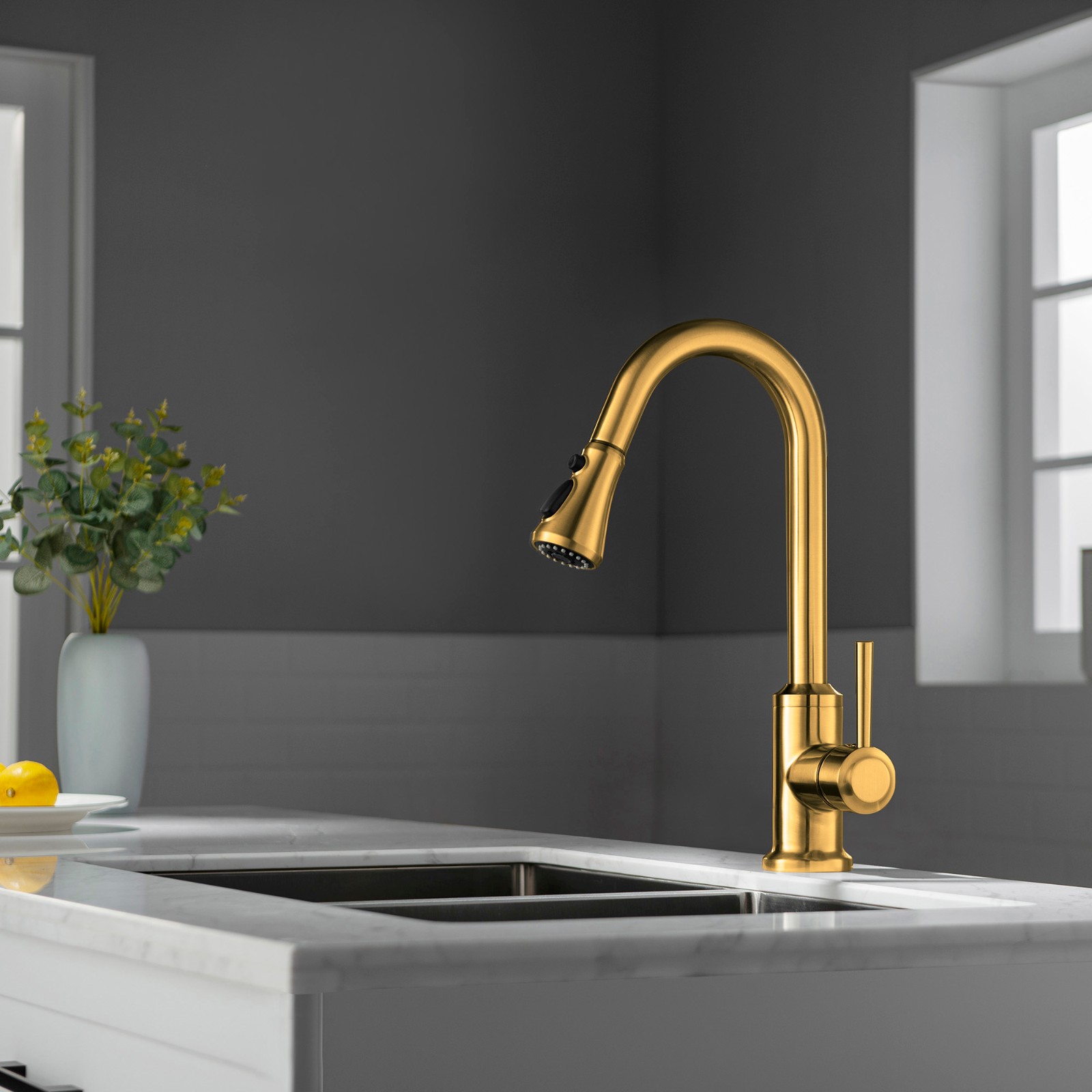 WOODBRIDGE WK101201BG Stainless Steel Single Handle Pull Down Kitchen Faucet in Brushed Gold Finish._4995