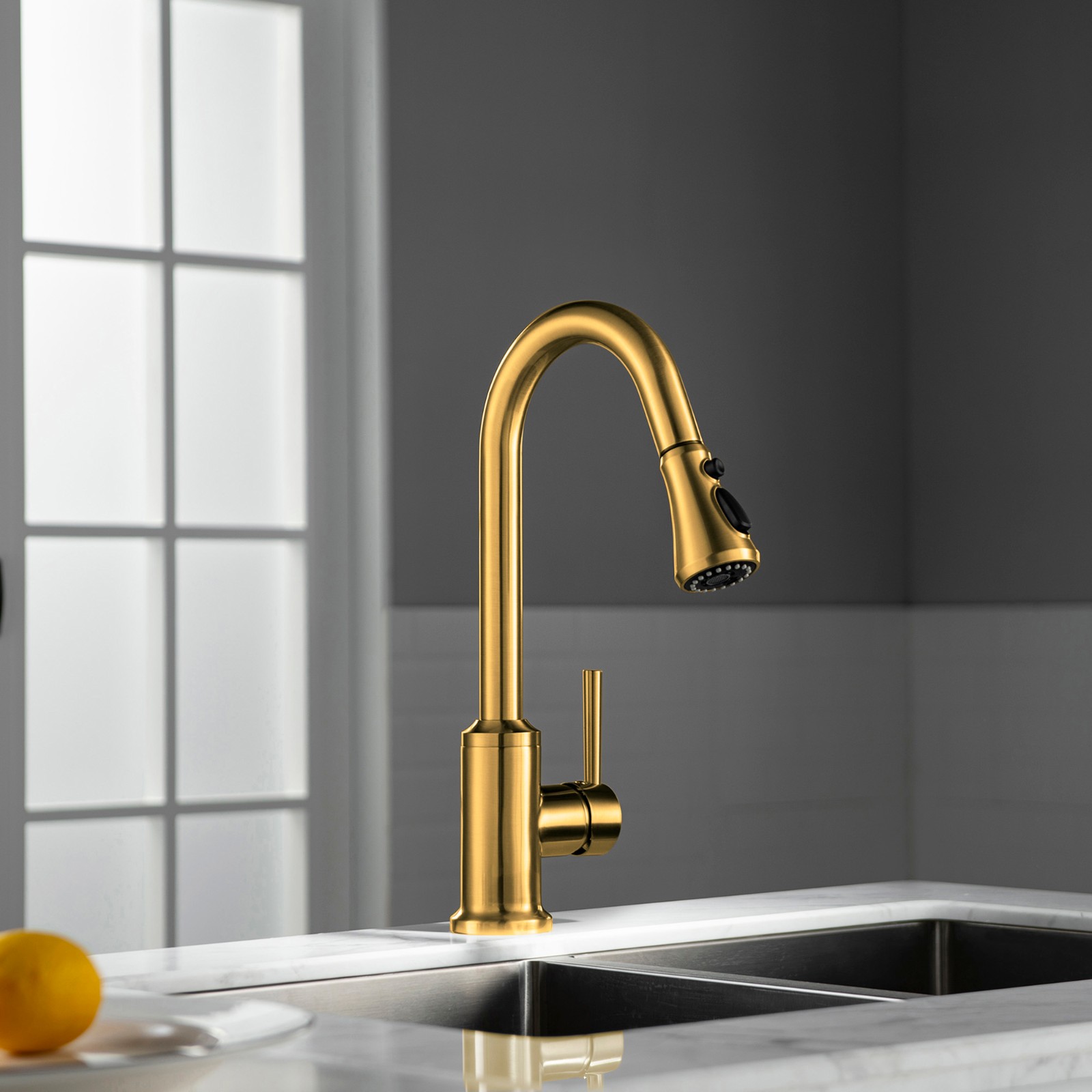  WOODBRIDGE WK101201BG Stainless Steel Single Handle Pull Down Kitchen Faucet in Brushed Gold Finish._4997