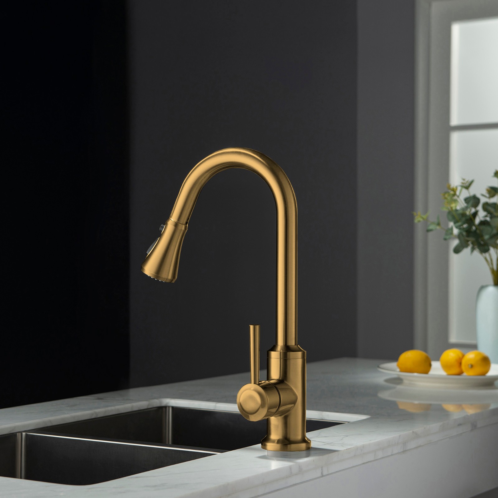  WOODBRIDGE WK101201BG Stainless Steel Single Handle Pull Down Kitchen Faucet in Brushed Gold Finish._4998