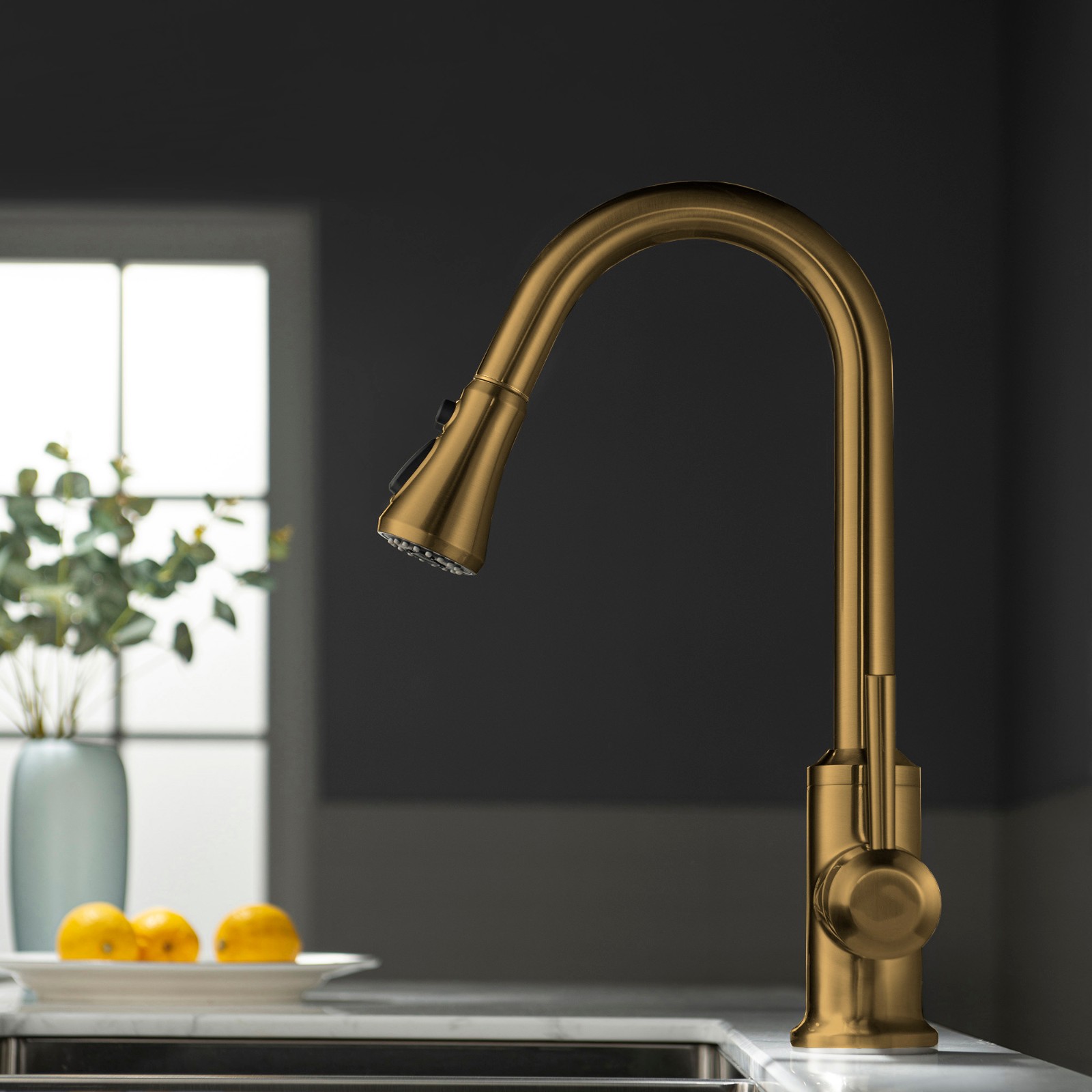  WOODBRIDGE WK101201BG Stainless Steel Single Handle Pull Down Kitchen Faucet in Brushed Gold Finish._4999