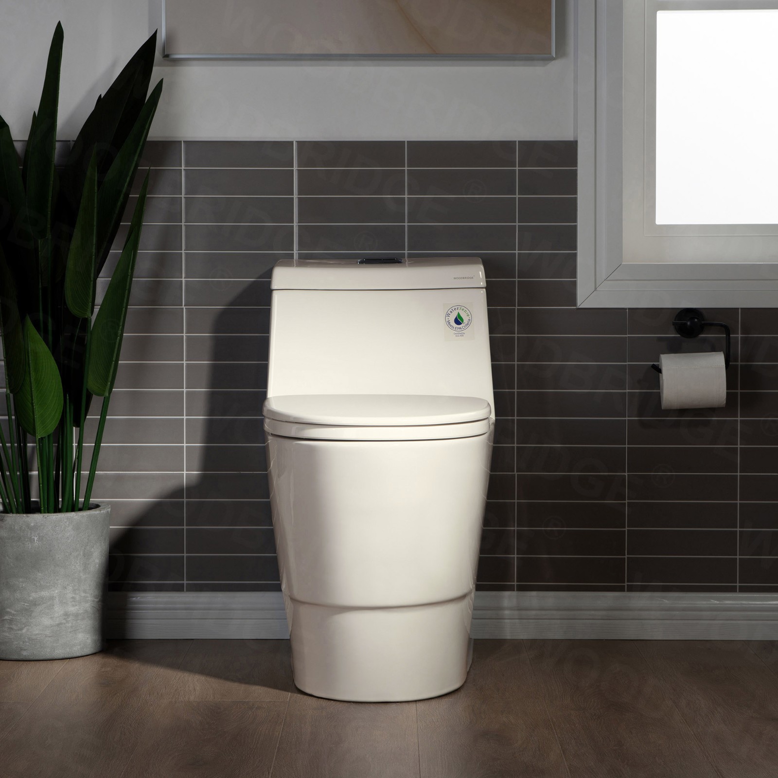  WOODBRIDGEE One Piece Toilet with Soft Closing Seat, Chair Height, 1.28 GPF Dual, Water Sensed, 1000 Gram MaP Flushing Score Toilet, B0942, Biscuit_5359
