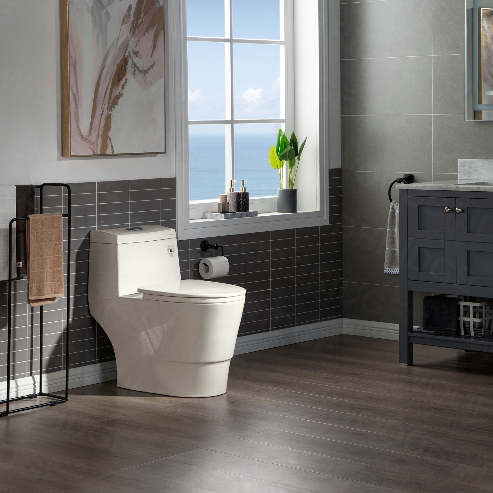  WOODBRIDGEE One Piece Toilet with Soft Closing Seat, Chair Height, 1.28 GPF Dual, Water Sensed, 1000 Gram MaP Flushing Score Toilet, B0942, Biscuit_5360