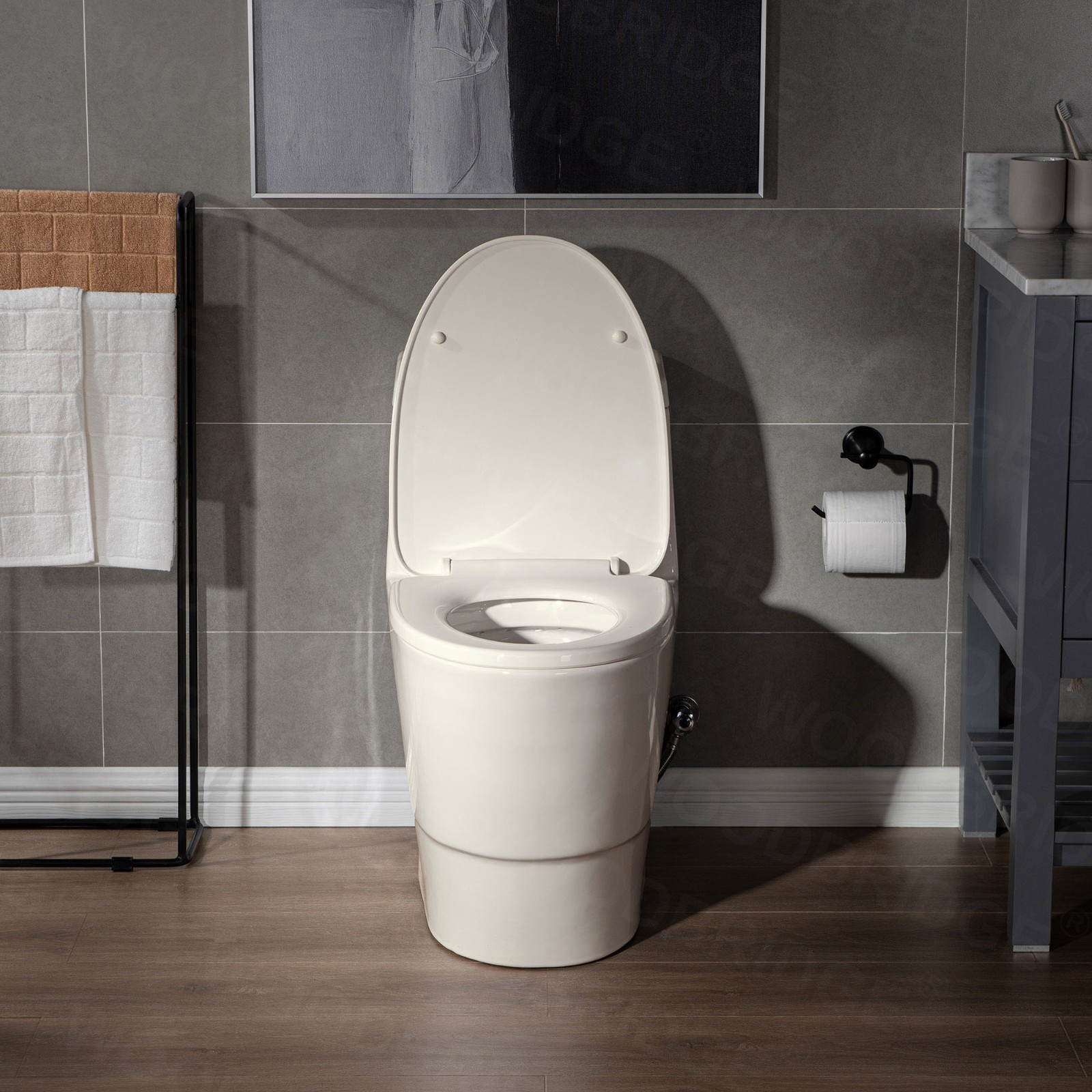  WOODBRIDGEE One Piece Toilet with Soft Closing Seat, Chair Height, 1.28 GPF Dual, Water Sensed, 1000 Gram MaP Flushing Score Toilet, B0942, Biscuit_5367