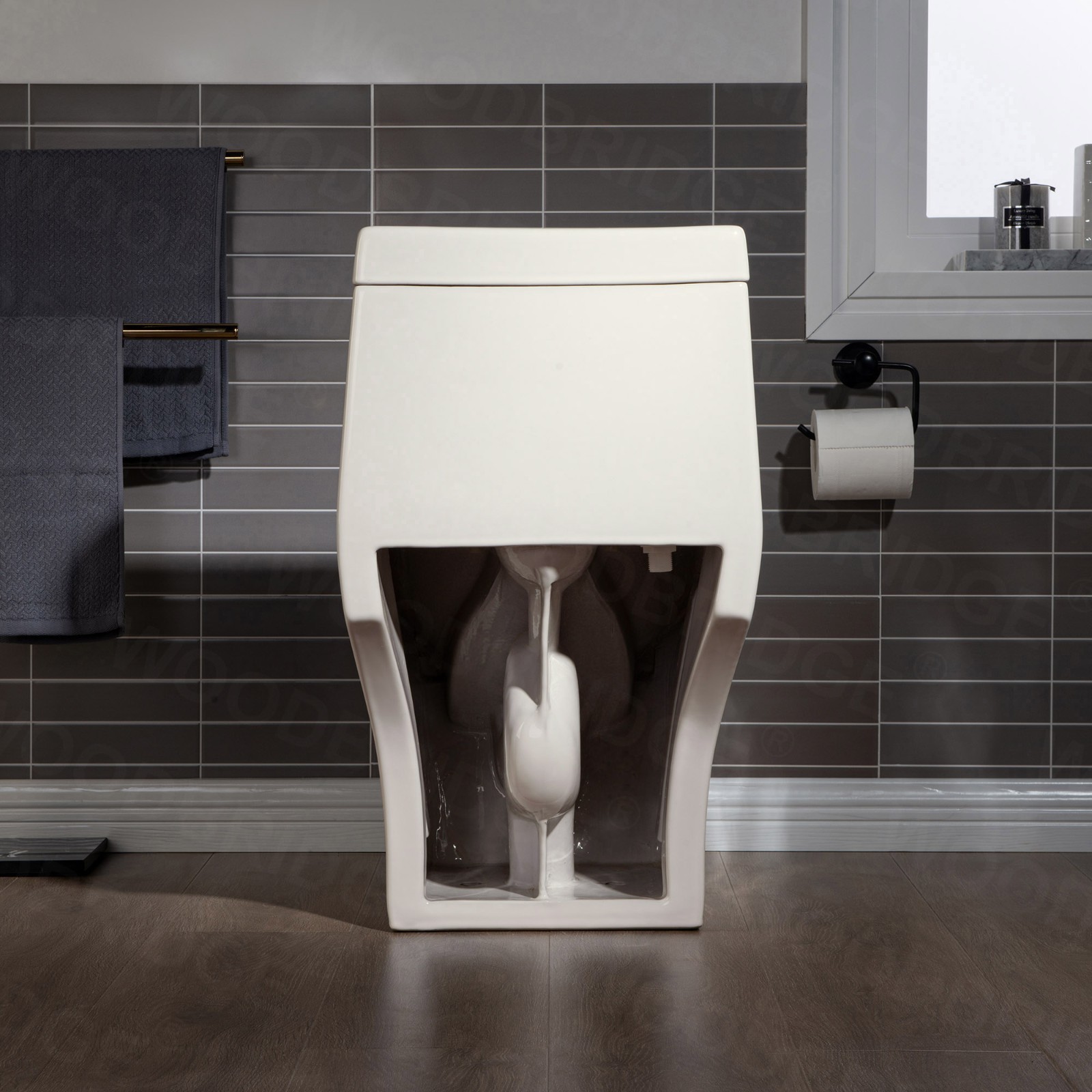  WOODBRIDGEE One Piece Toilet with Soft Closing Seat, Chair Height, 1.28 GPF Dual, Water Sensed, 1000 Gram MaP Flushing Score Toilet, B0942, Biscuit_5370