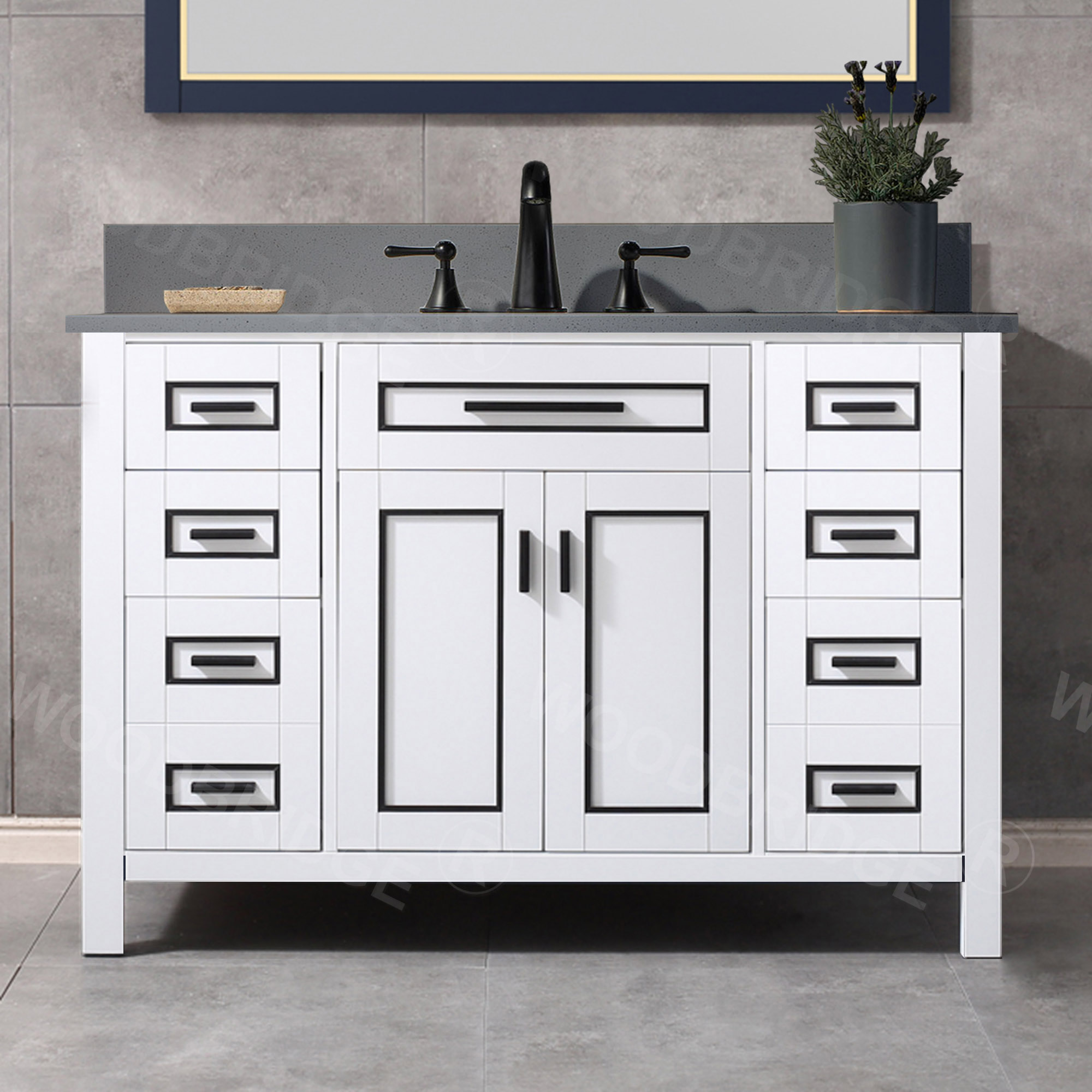 WOODBRIDGE Milan  49” Floor Mounted Single Basin Vanity Set with Solid Wood Cabinet in White and Engineered stone composite Vanity Top in Dark Gray with Pre-installed Undermount Rectangle Bathroom Sink in White and Pre-Drilled 3-Hole for 4-inch Centerset