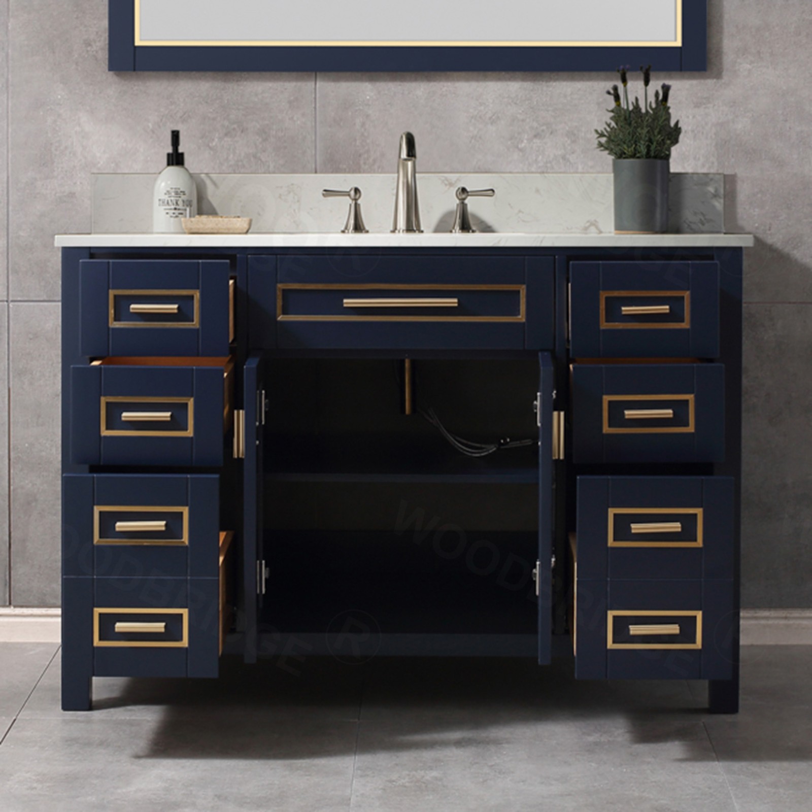  WOODBRIDGE Milan  49” Floor Mounted Single Basin Vanity Set with Solid Wood Cabinet in Navy Blue and Engineered stone composite Vanity Top in Carrara White with Pre-installed Undermount Rectangle Bathroom Sink and Pre-Drilled 3-Hole for 8-inch Widespread_4749