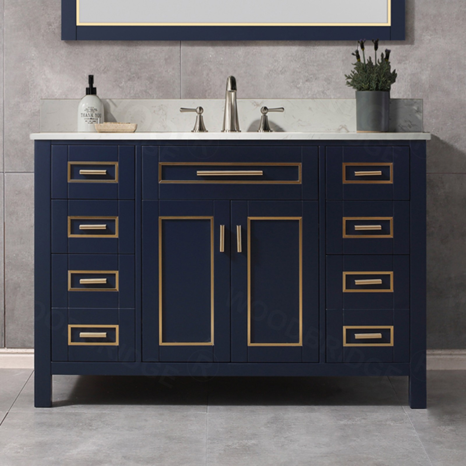  WOODBRIDGE Milan  49” Floor Mounted Single Basin Vanity Set with Solid Wood Cabinet in Navy Blue and Engineered stone composite Vanity Top in Carrara White with Pre-installed Undermount Rectangle Bathroom Sink and Pre-Drilled 3-Hole for 8-inch Widespread_4751