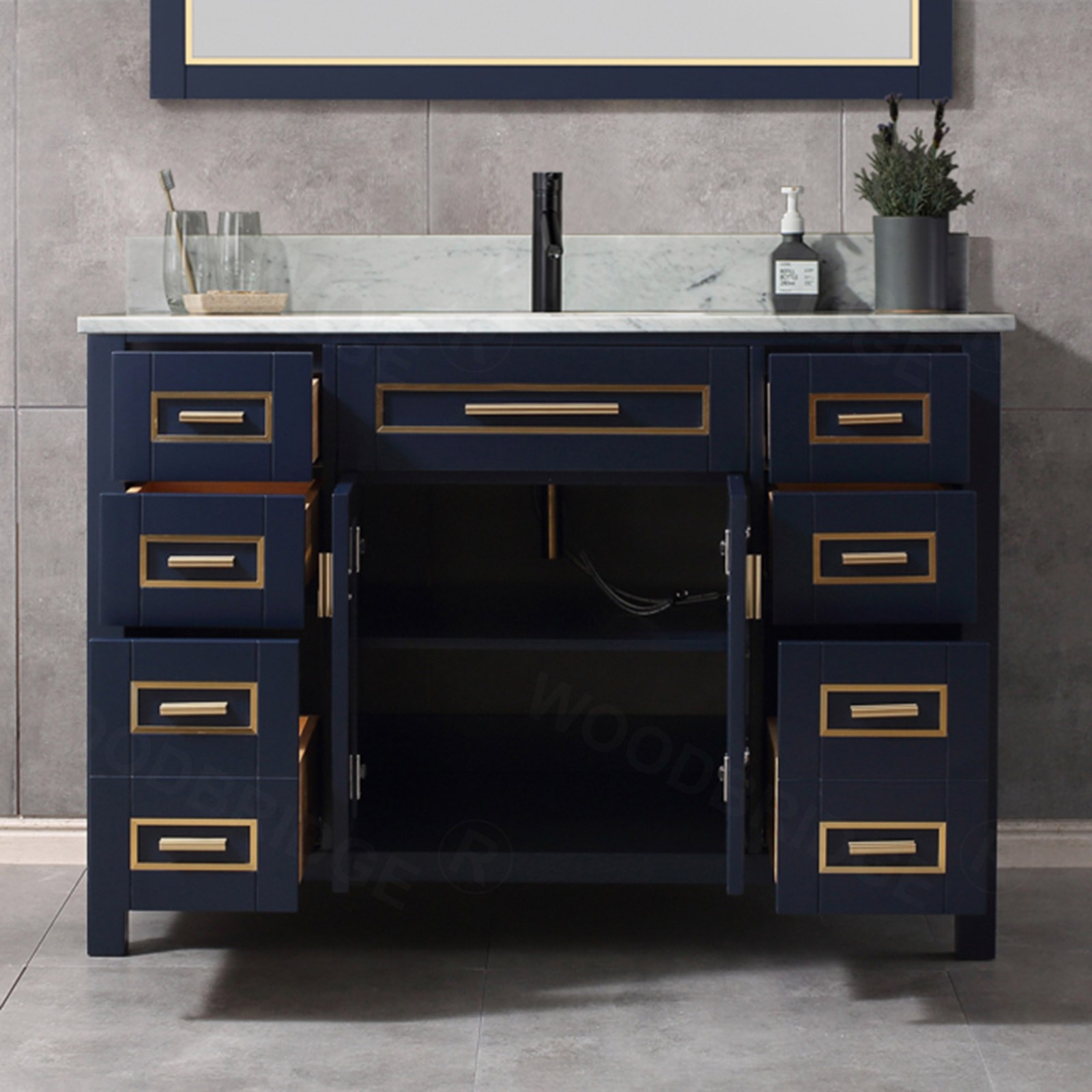  WOODBRIDGE Milan  49” Floor Mounted Single Basin Vanity Set with Solid Wood Cabinet in Navy Blue, and Carrara White Marble Vanity Top with Pre-installed Undermount Rectangle Bathroom Sink in White, Pre-Drilled Single Faucet Hole_4744