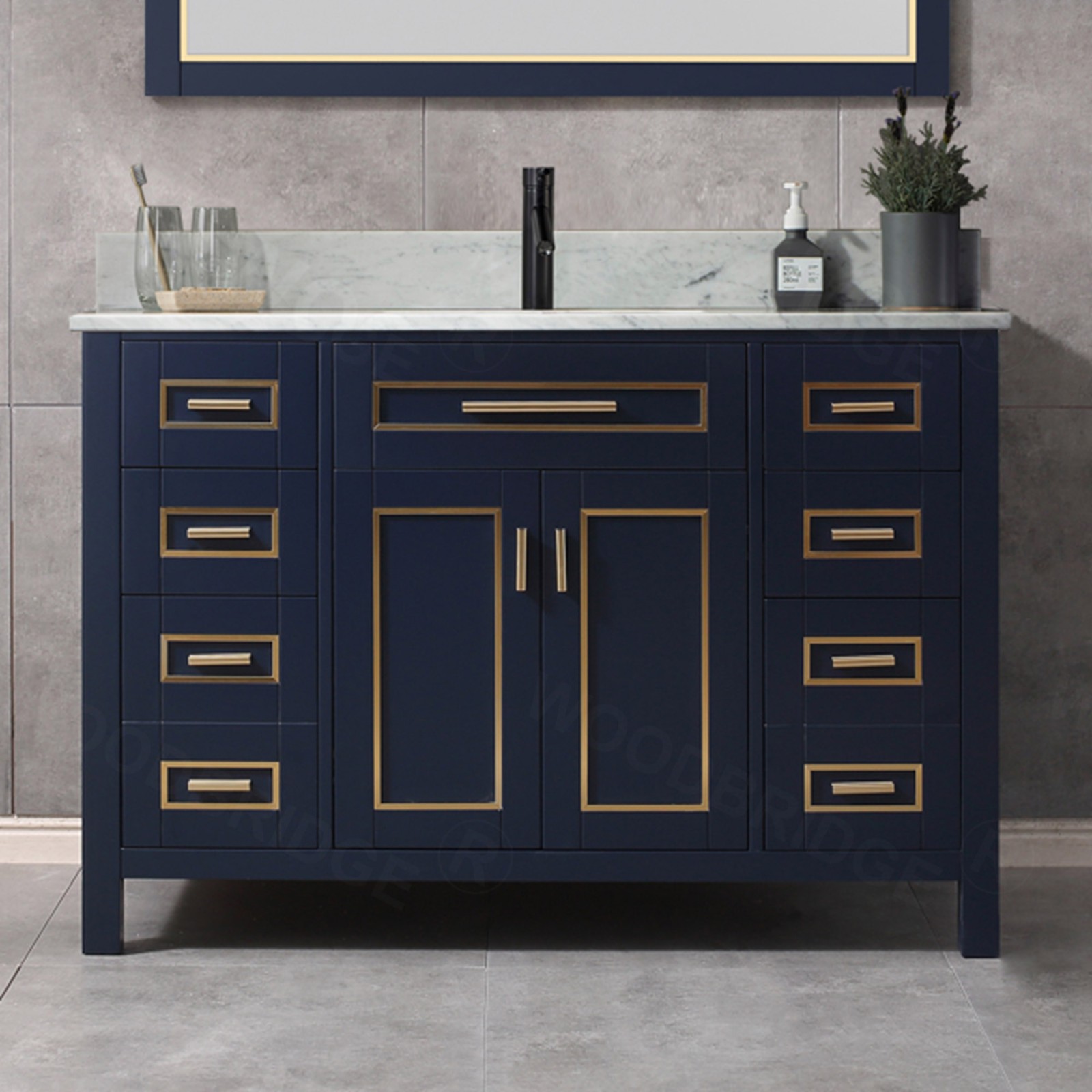  WOODBRIDGE Milan  49” Floor Mounted Single Basin Vanity Set with Solid Wood Cabinet in Navy Blue, and Carrara White Marble Vanity Top with Pre-installed Undermount Rectangle Bathroom Sink in White, Pre-Drilled Single Faucet Hole_4743