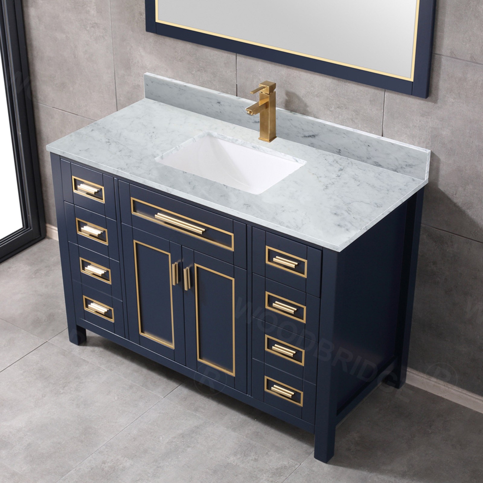 WOODBRIDGE Milan  49” Floor Mounted Single Basin Vanity Set with Solid Wood Cabinet in Navy Blue, and Carrara White Marble Vanity Top with Pre-installed Undermount Rectangle Bathroom Sink in White, Pre-Drilled Single Faucet Hole_4745