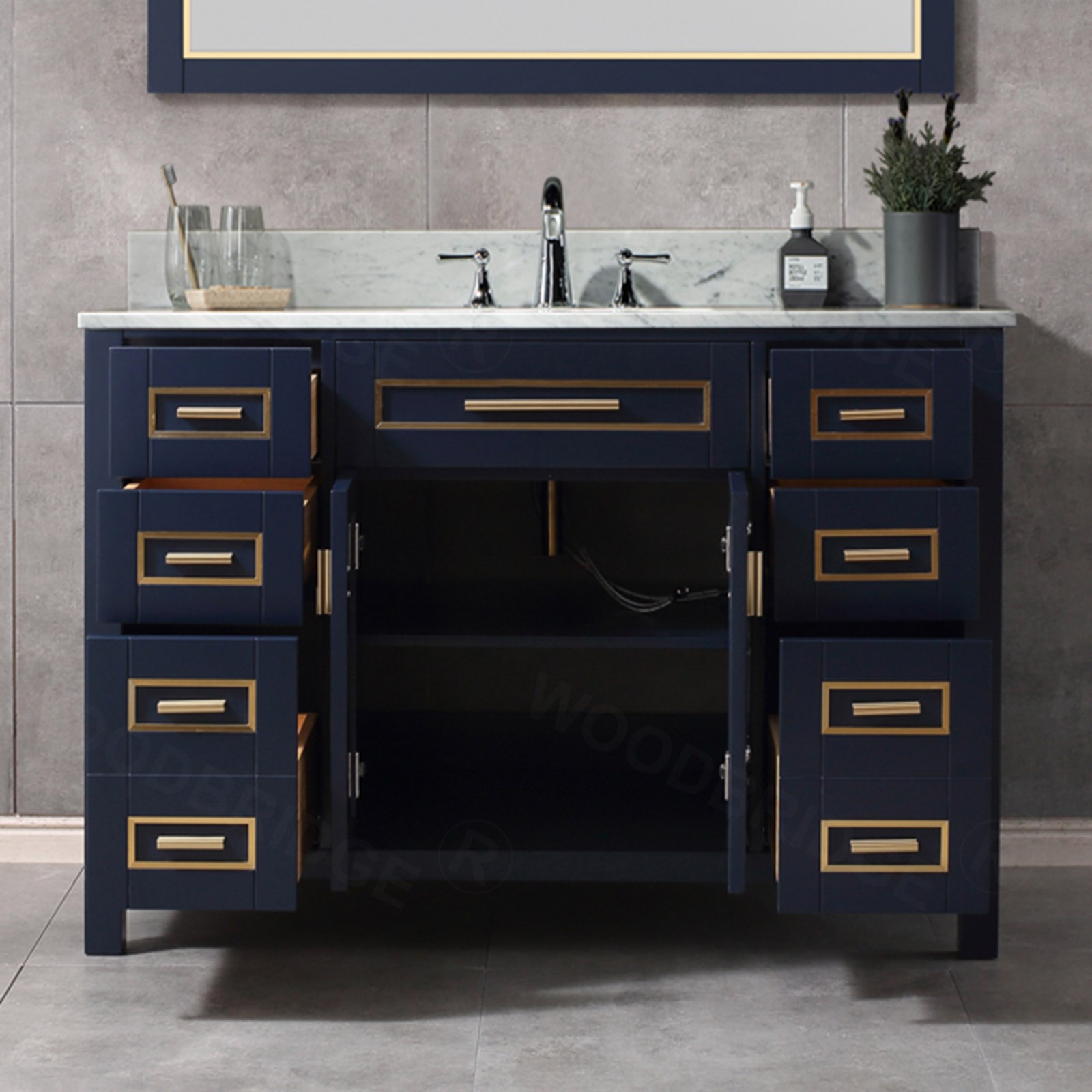  WOODBRIDGE Milan  49” Floor Mounted Single Basin Vanity Set with Solid Wood Cabinet in Navy Blue, and Carrara White Marble Vanity Top with Pre-installed Undermount Rectangle Bathroom Sink in White, Pre-Drilled 3-Hole for 4-inch Centerset Faucet_4742