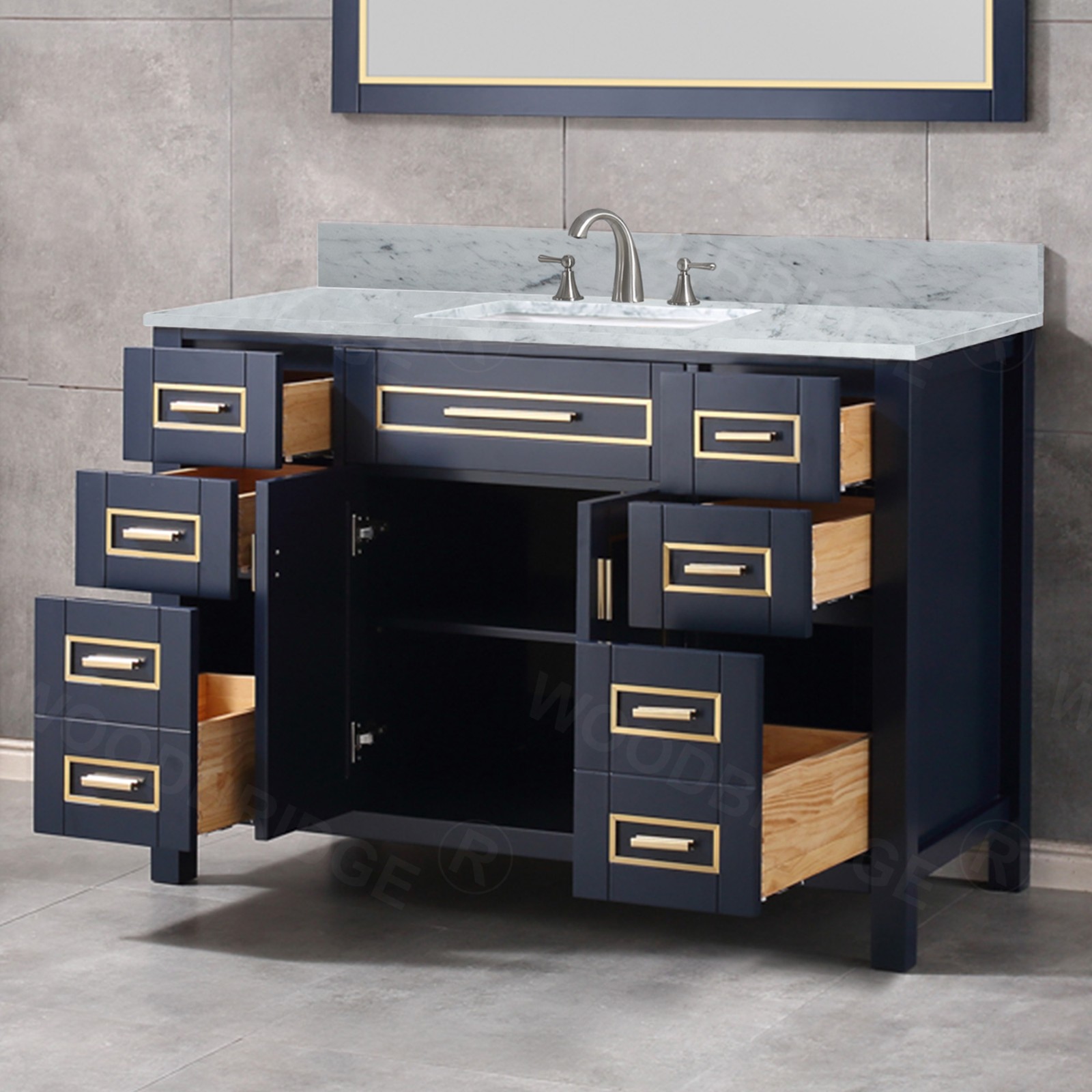  WOODBRIDGE Milan  49” Floor Mounted Single Basin Vanity Set with Solid Wood Cabinet in Navy Blue, and Carrara White Marble Vanity Top with Pre-installed Undermount Rectangle Bathroom Sink in White, Pre-Drilled 3-Hole for 8-inch Widespread Faucet_4734