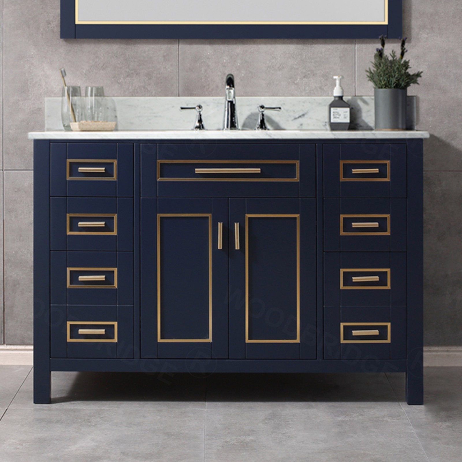  WOODBRIDGE Milan  49” Floor Mounted Single Basin Vanity Set with Solid Wood Cabinet in Navy Blue, and Carrara White Marble Vanity Top with Pre-installed Undermount Rectangle Bathroom Sink in White, Pre-Drilled 3-Hole for 4-inch Centerset Faucet_4738