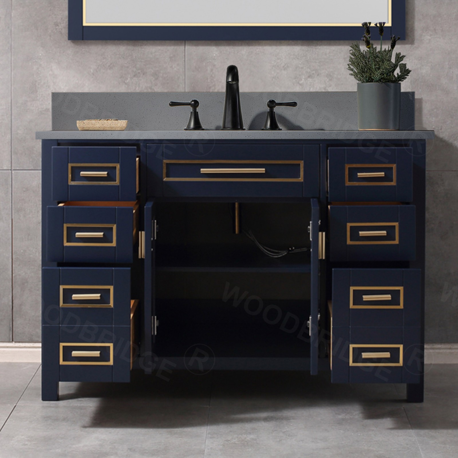  WOODBRIDGE Milan  49” Floor Mounted Single Basin Vanity Set with Solid Wood Cabinet in Navy Blue and Engineered stone composite Vanity Top in Dark Gray with Pre-installed Undermount Rectangle Bathroom Sink and Pre-Drilled 3-Hole for 4-inch Centerset Fauce_4729