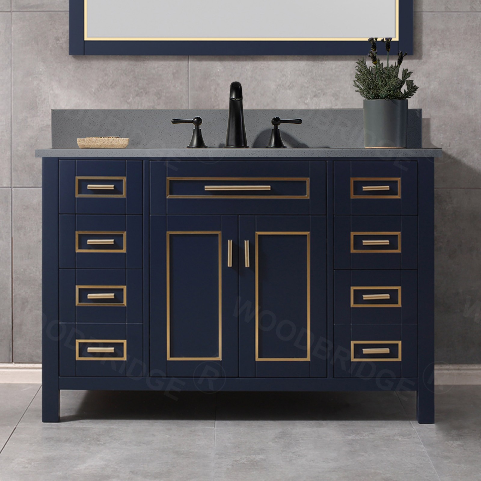  WOODBRIDGE Milan  49” Floor Mounted Single Basin Vanity Set with Solid Wood Cabinet in Navy Blue and Engineered stone composite Vanity Top in Dark Gray with Pre-installed Undermount Rectangle Bathroom Sink and Pre-Drilled 3-Hole for 8-inch Widespread Fauc_4723
