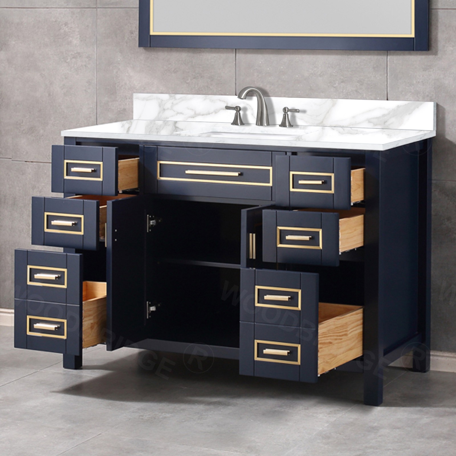  WOODBRIDGE Milan  49” Floor Mounted Single Basin Vanity Set with Solid Wood Cabinet in Navy Blue and Engineered stone composite Vanity Top in Fish Belly White with Pre-installed Undermount Rectangle Bathroom Sink and Pre-Drilled 3-Hole for 8” Widespread F_4714