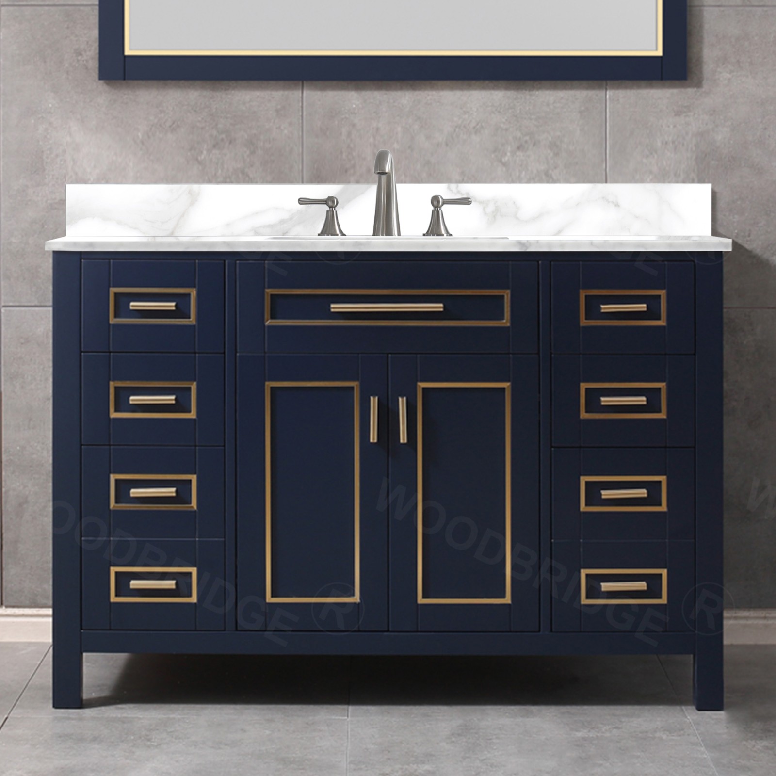  WOODBRIDGE Milan  49” Floor Mounted Single Basin Vanity Set with Solid Wood Cabinet in Navy Blue and Engineered stone composite Vanity Top in Fish Belly White with Pre-installed Undermount Rectangle Bathroom Sink and Pre-Drilled 3-Hole for 4” Centerset Fa_4718