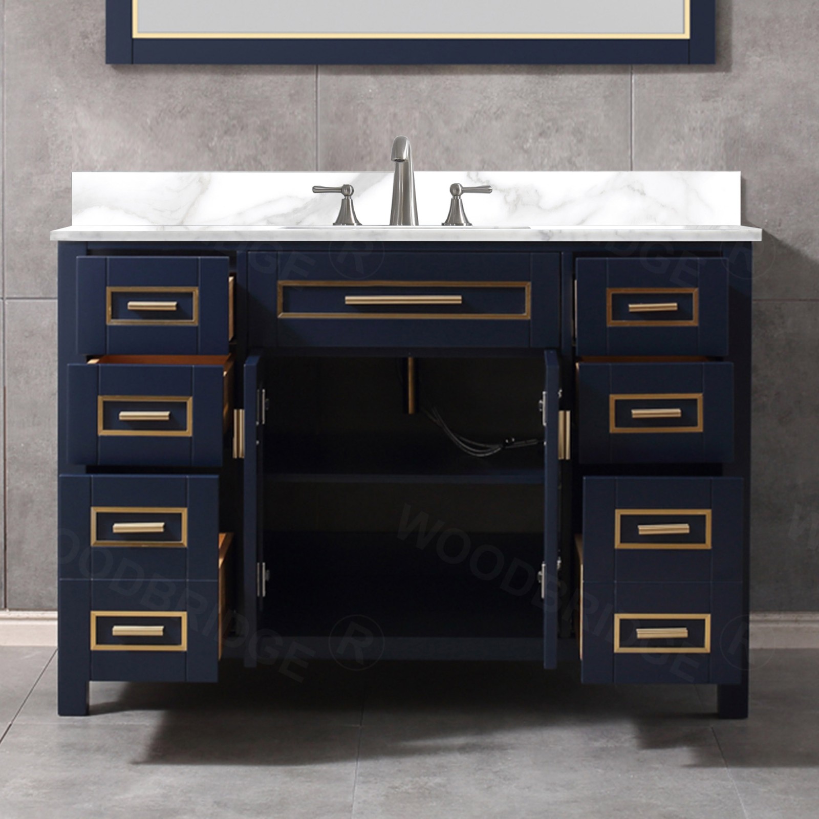  WOODBRIDGE Milan  49” Floor Mounted Single Basin Vanity Set with Solid Wood Cabinet in Navy Blue and Engineered stone composite Vanity Top in Fish Belly White with Pre-installed Undermount Rectangle Bathroom Sink and Pre-Drilled 3-Hole for 8” Widespread F_4716