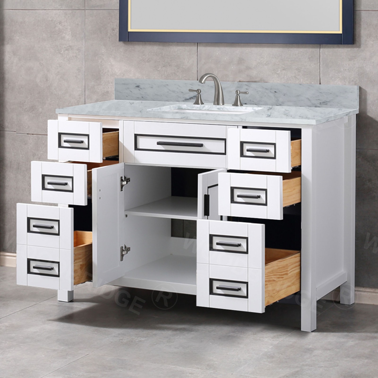 WOODBRIDGE Milan  49” Floor Mounted Single Basin Vanity Set with Solid Wood Cabinet in White, and Carrara White Marble Vanity Top with Pre-installed Undermount Rectangle Bathroom Sink in White, Pre-Drilled 3-Hole for 4-inch Centerset Faucet_4698