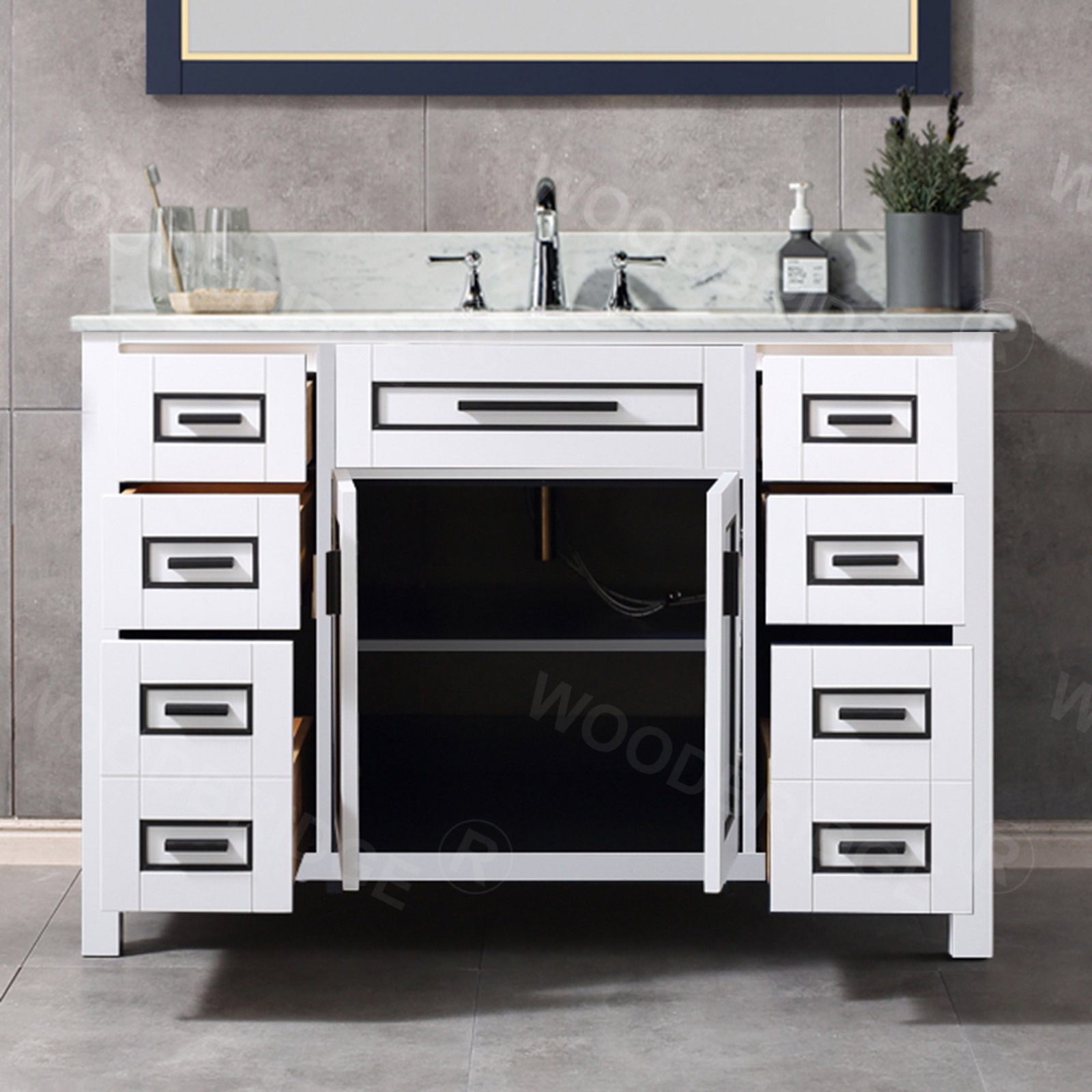  WOODBRIDGE Milan  49” Floor Mounted Single Basin Vanity Set with Solid Wood Cabinet in White, and Carrara White Marble Vanity Top with Pre-installed Undermount Rectangle Bathroom Sink in White, Pre-Drilled 3-Hole for 4-inch Centerset Faucet_4699