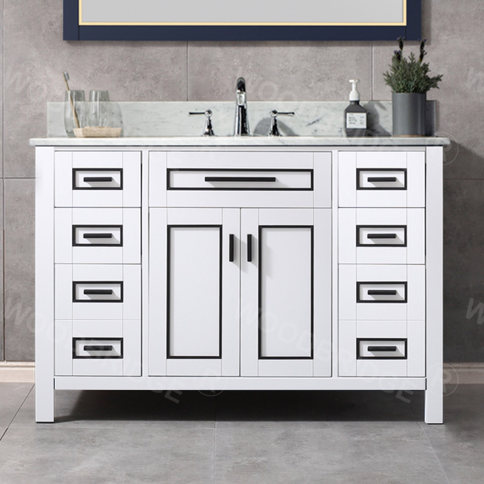  WOODBRIDGE Milan  49” Floor Mounted Single Basin Vanity Set with Solid Wood Cabinet in White, and Carrara White Marble Vanity Top with Pre-installed Undermount Rectangle Bathroom Sink in White, Pre-Drilled 3-Hole for 4-inch Centerset Faucet_4697