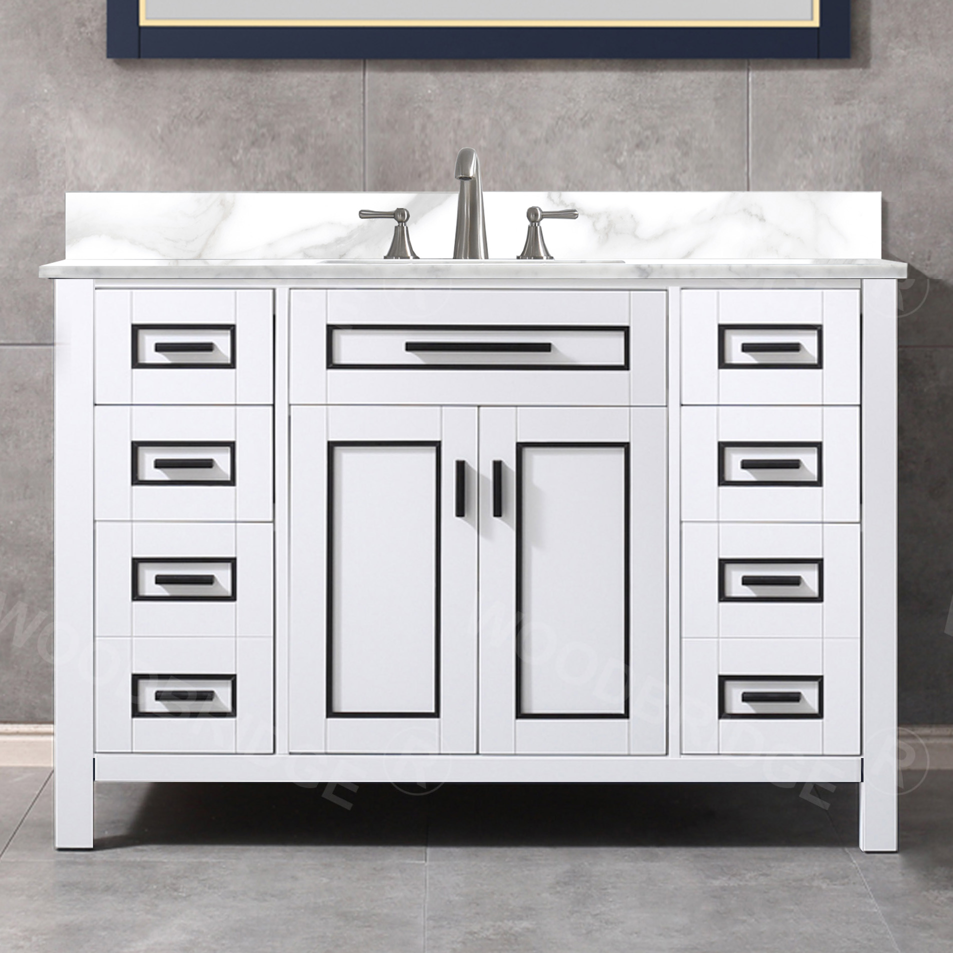 WOODBRIDGE Milan  49” Floor Mounted Single Basin Vanity Set with Solid Wood Cabinet in White and Engineered stone composite Vanity Top in Fish Belly White with Pre-installed Undermount Rectangle Bathroom Sink and Pre-Drilled 3-Hole for 4” Centerset Faucet