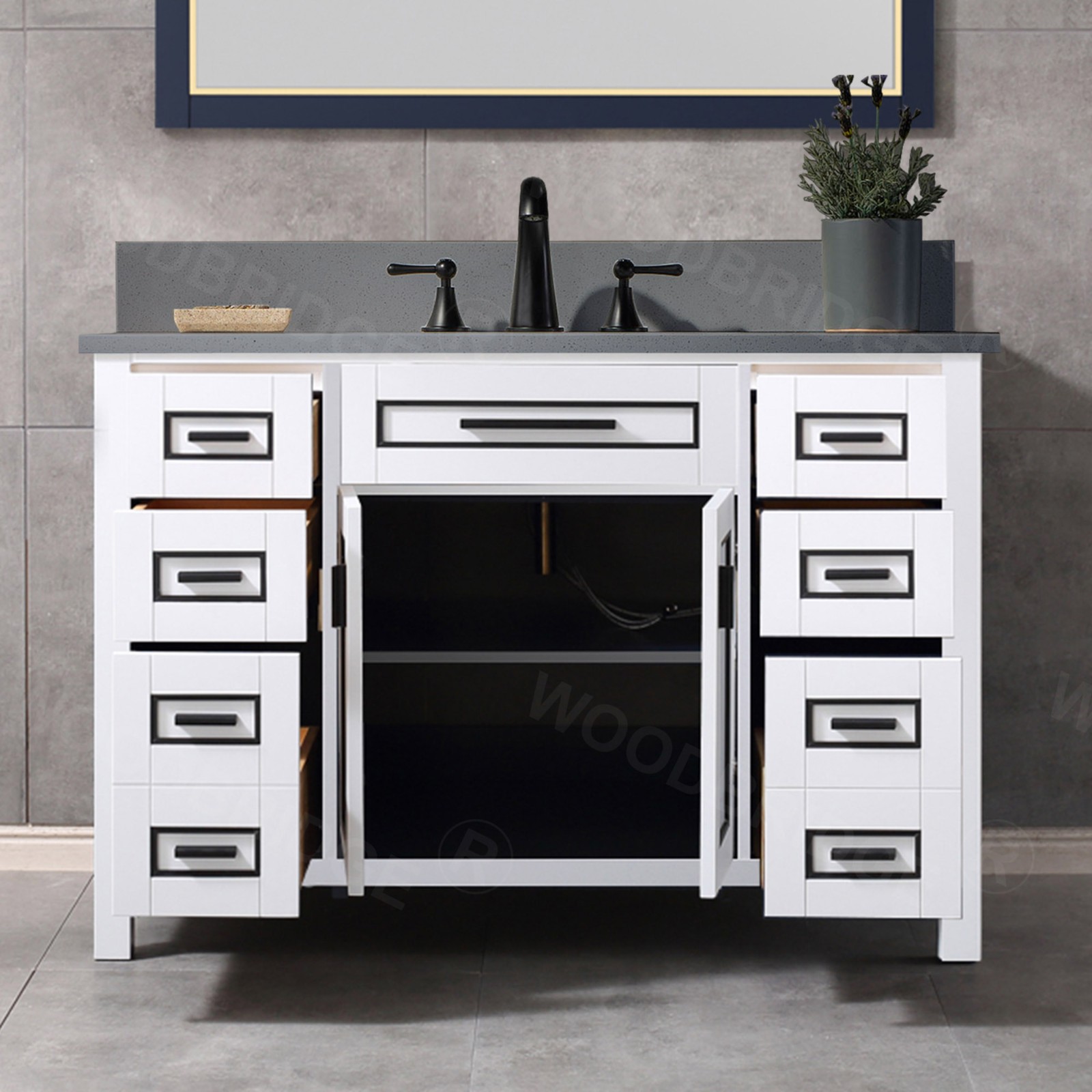 WOODBRIDGE Milan  49” Floor Mounted Single Basin Vanity Set with Solid Wood Cabinet in White and Engineered stone composite Vanity Top in Dark Gray with Pre-installed Undermount Rectangle Bathroom Sink in White and Pre-Drilled 3-Hole for 4-inch Centerset_4689