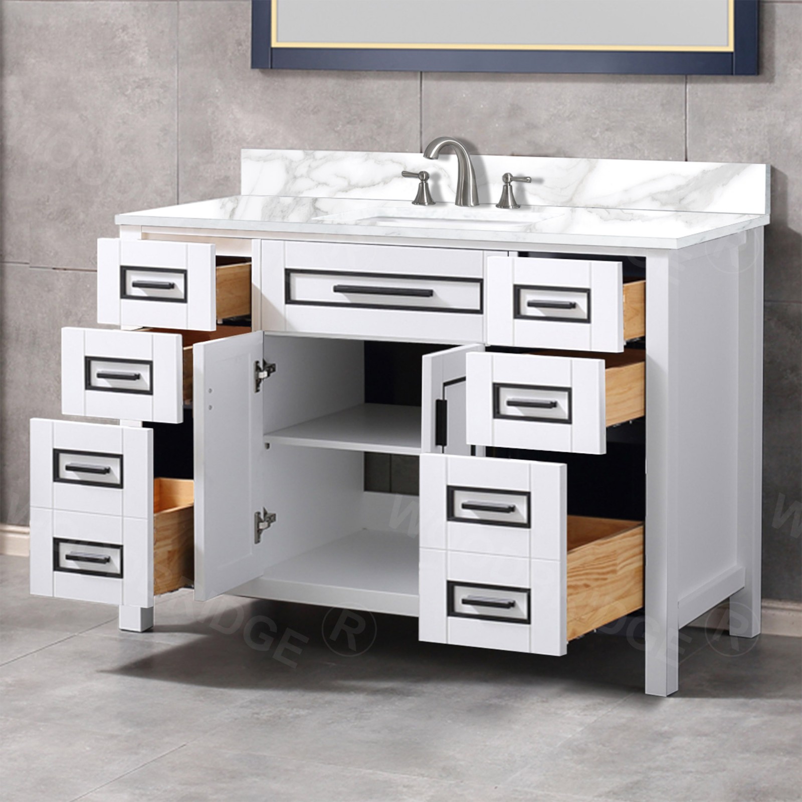  WOODBRIDGE Milan  49” Floor Mounted Single Basin Vanity Set with Solid Wood Cabinet in White and Engineered stone composite Vanity Top in Fish Belly White with Pre-installed Undermount Rectangle Bathroom Sink and Pre-Drilled 3-Hole for 4” Centerset Faucet_4680