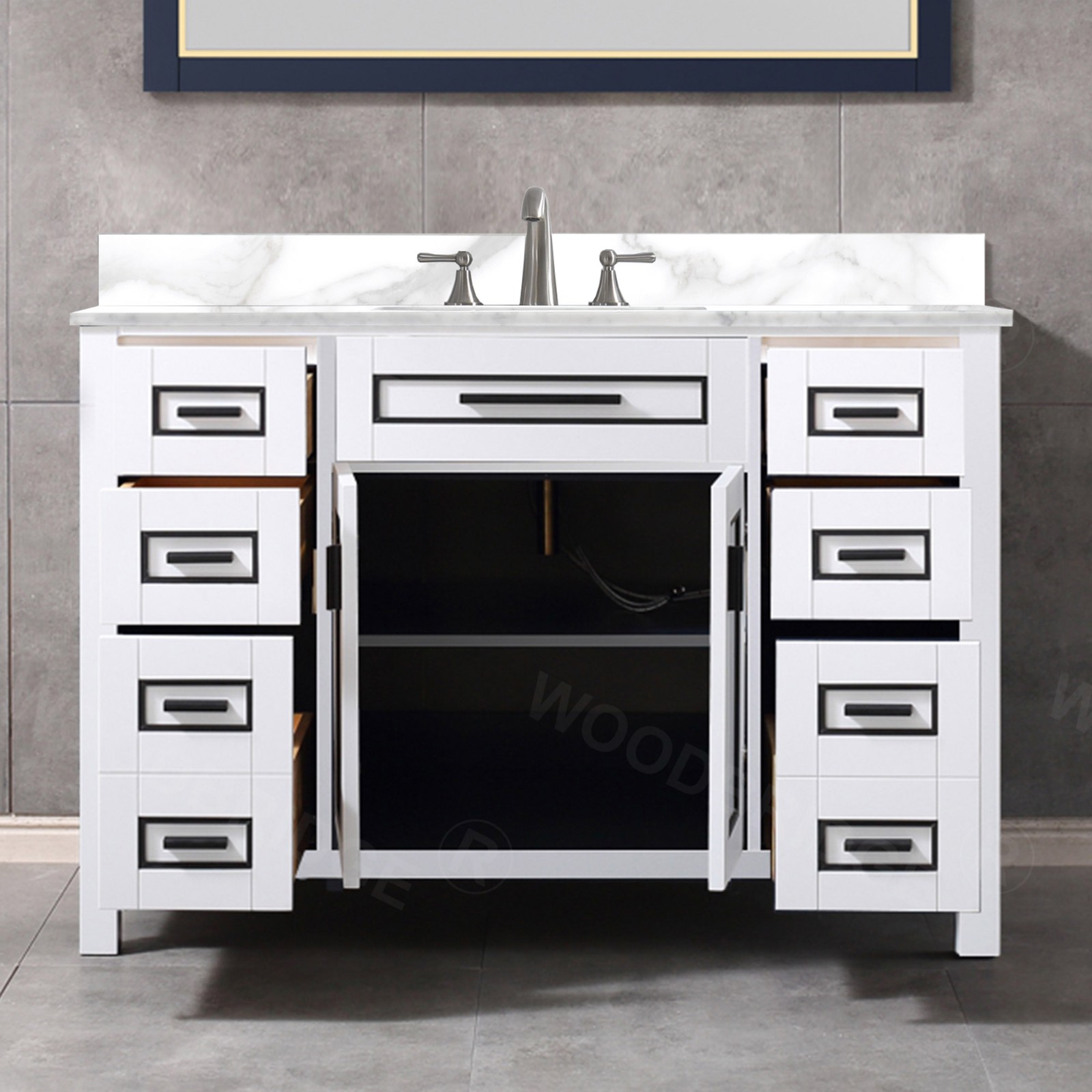  WOODBRIDGE Milan  49” Floor Mounted Single Basin Vanity Set with Solid Wood Cabinet in White and Engineered stone composite Vanity Top in Fish Belly White with Pre-installed Undermount Rectangle Bathroom Sink and Pre-Drilled 3-Hole for 4” Centerset Faucet_4681