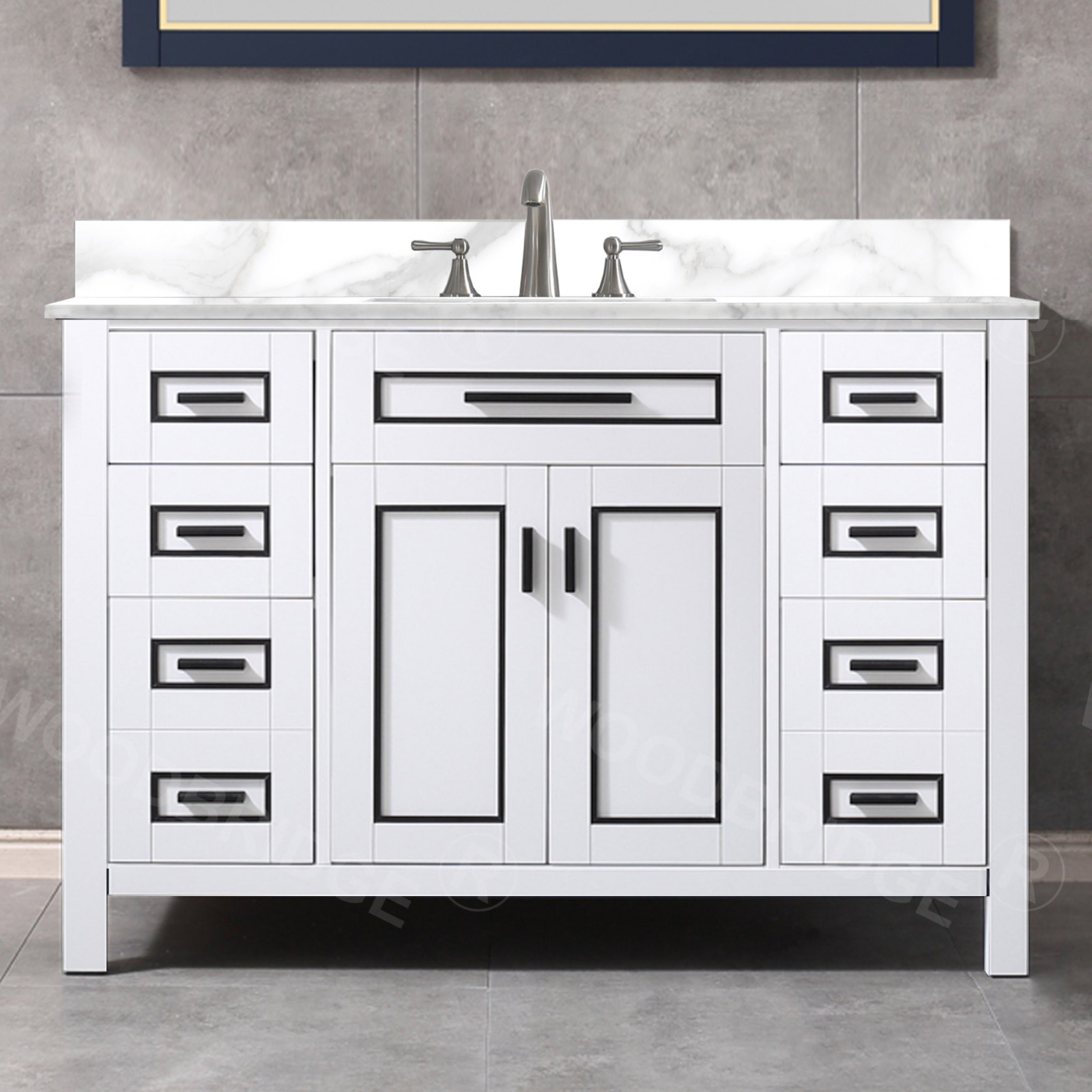  WOODBRIDGE Milan  49” Floor Mounted Single Basin Vanity Set with Solid Wood Cabinet in White and Engineered stone composite Vanity Top in Fish Belly White with Pre-installed Undermount Rectangle Bathroom Sink and Pre-Drilled 3-Hole for 8-inch Widespread F_4674