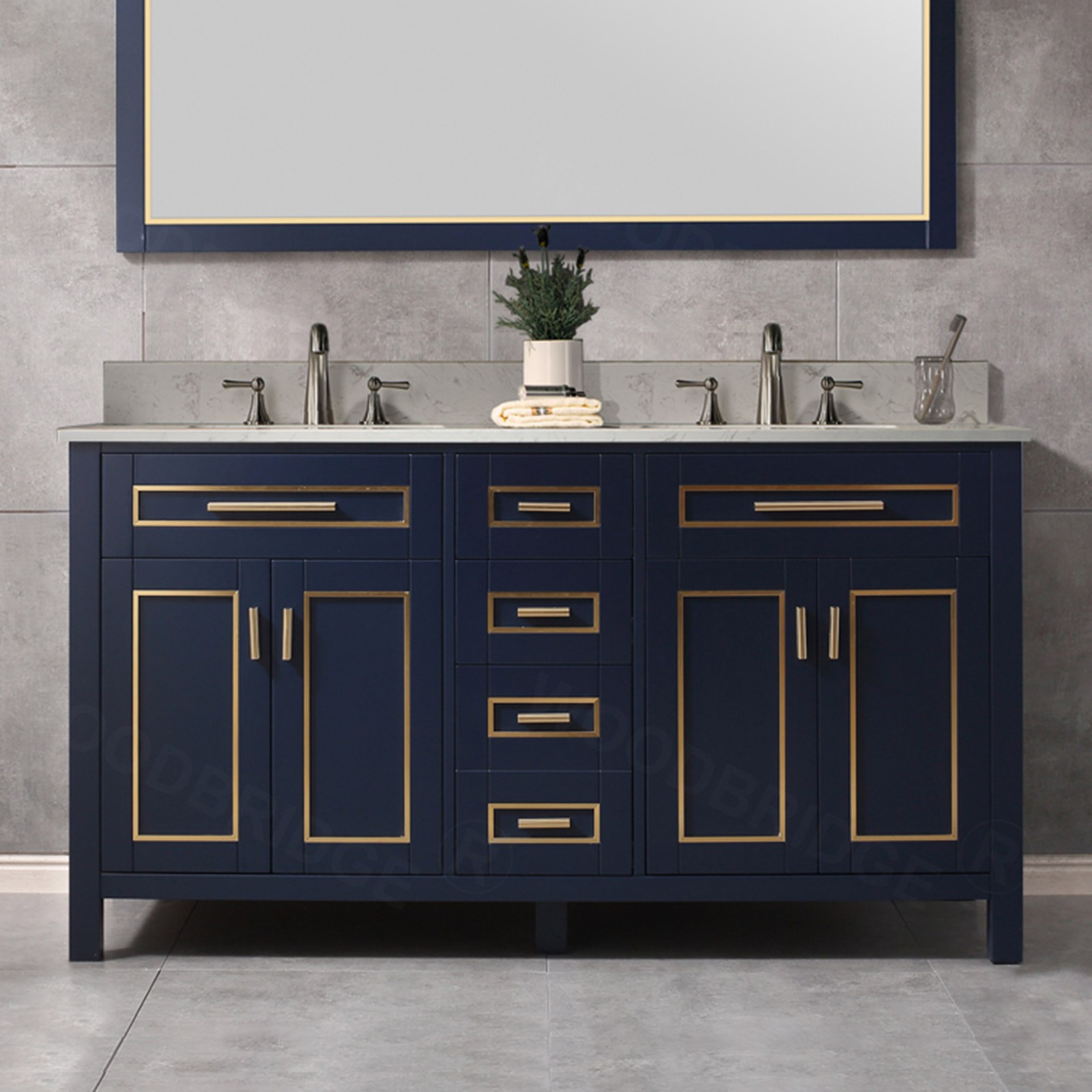  WOODBRIDGE Milan  61” Floor Mounted Single Basin Vanity Set with Solid Wood Cabinet in White and Engineered stone composite Vanity Top in Carrara White with Pre-installed Undermount Rectangle Bathroom Sink and Pre-Drilled 3-Hole for 8-inch Widespread Fauc_4666